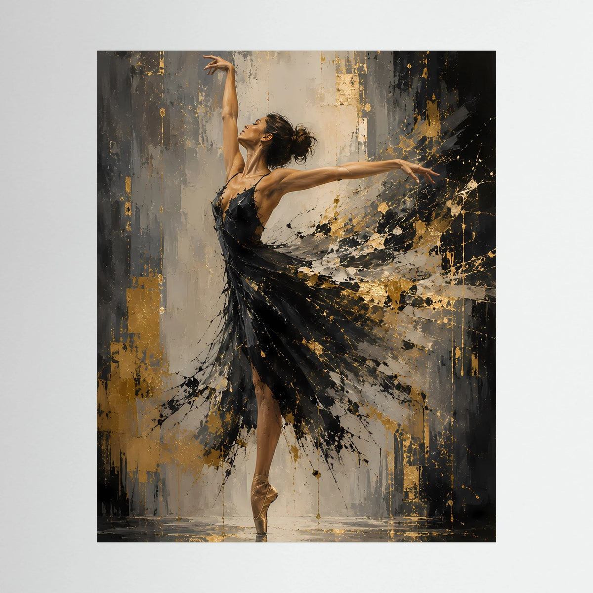 Hochformatiges Kunstposter: Ballerina im schwarzen Tutu mit goldenen Farbspritzern