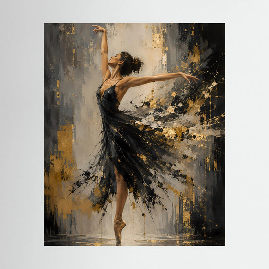 Hochformatiges Kunstposter: Ballerina im schwarzen Tutu mit goldenen Farbspritzern
