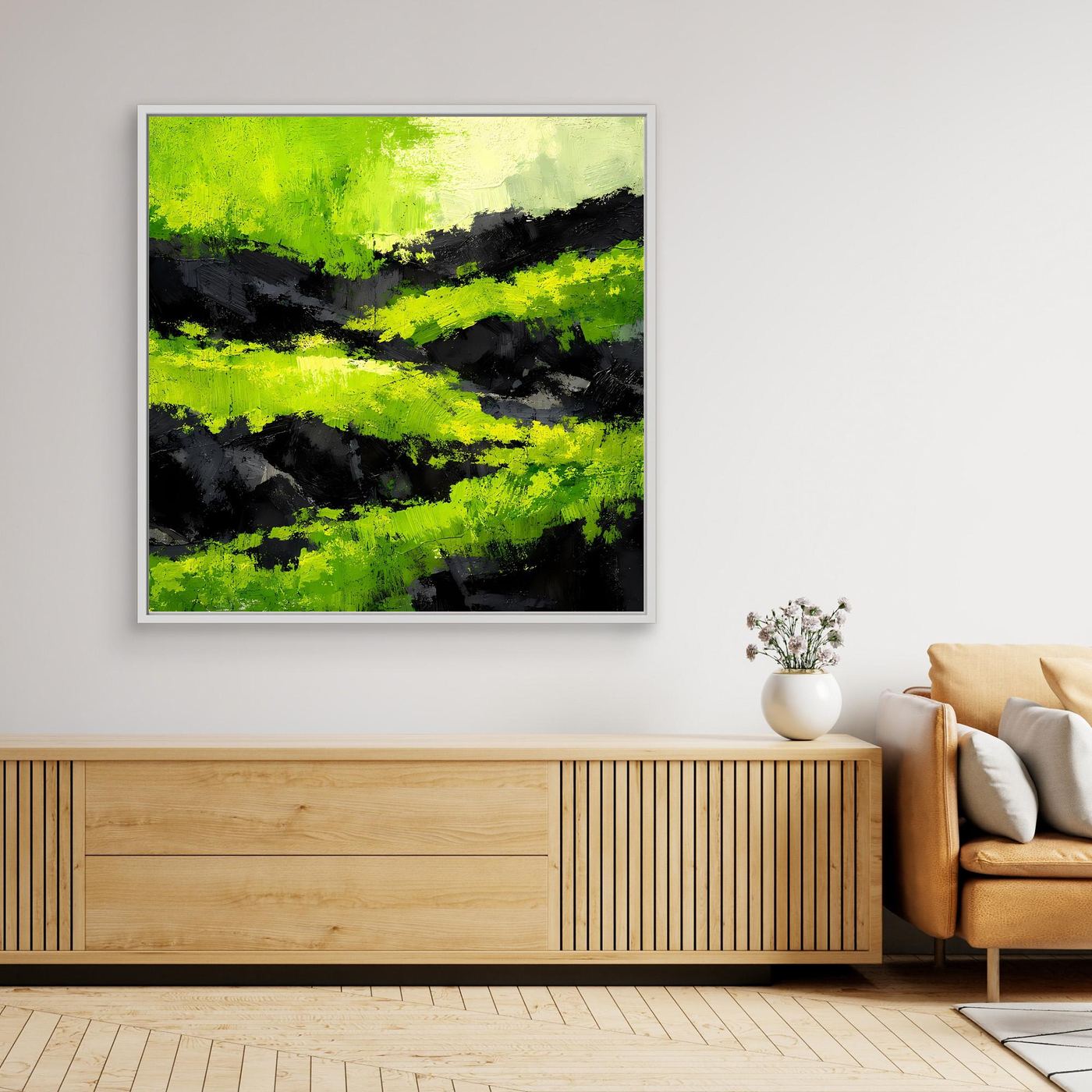 Wandbild mit abstraktem Muster in Moosgrün und dunklem Grau, weißer Rahmen