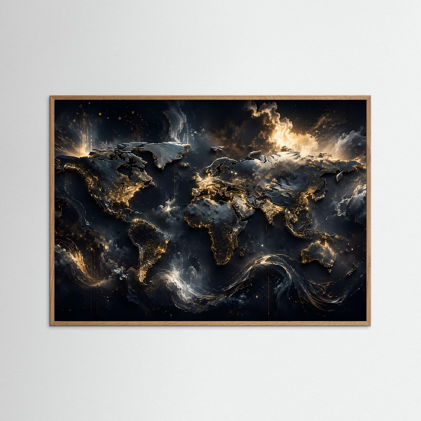 Weltkarte Gold Schwarz Poster | Moderne Weltkarte Wandbild | Luxus Fine Art | Abstrakte Landkarte | Panorama Leinwand