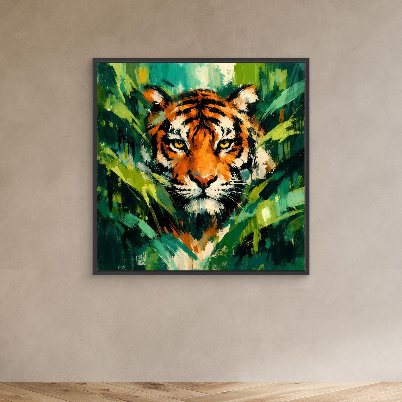 Leinwand Abstraktes Tiger Gemälde | Modernes Wandbild Raubkatze Dschungel Grün Orange