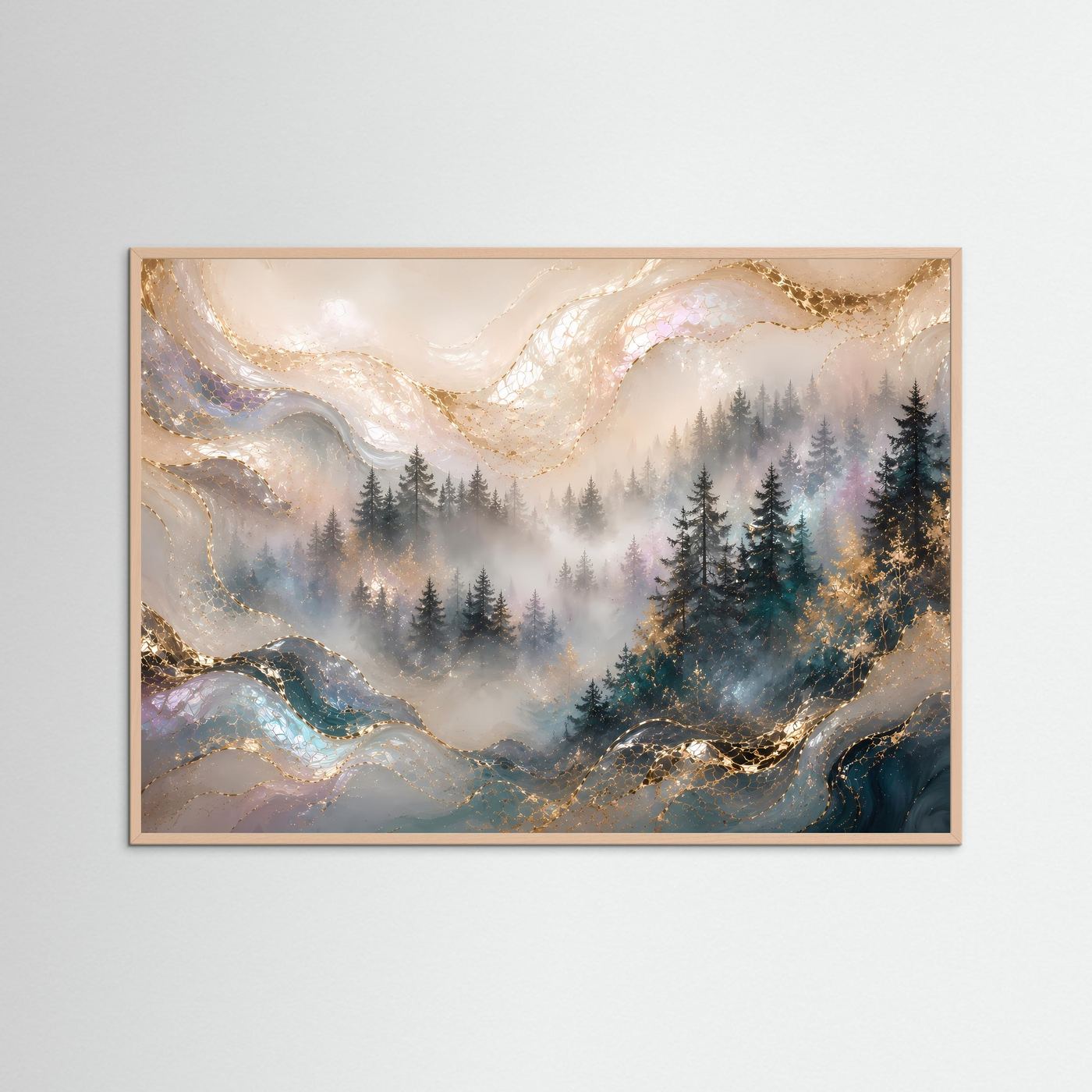 Gerahmtes Querformat-Poster: Tannenwald im Nebel mit Perlmutt- und Golddetails