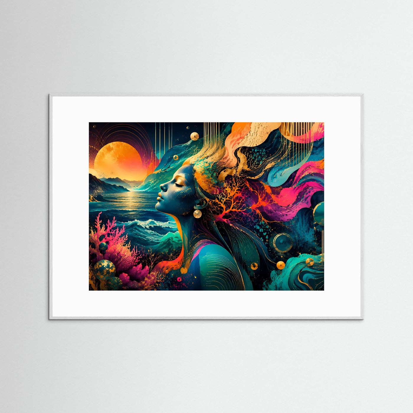 Abstrakte Meeresgöttin Wandbild | Moderne Ozean Frau Kunst | Farbenfrohe Coastal Wall Art | Türkis Pink Gold Poster | Luxuriöse Leinwand Dekoration