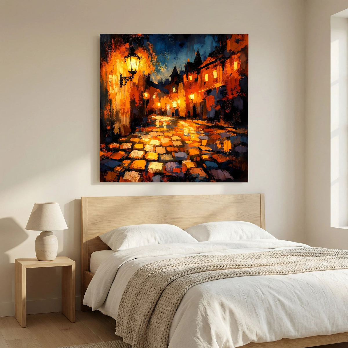 Leinwand Abstraktes Altstadt Gemälde | Modernes Romantisches Gassen Wandbild bei Nacht