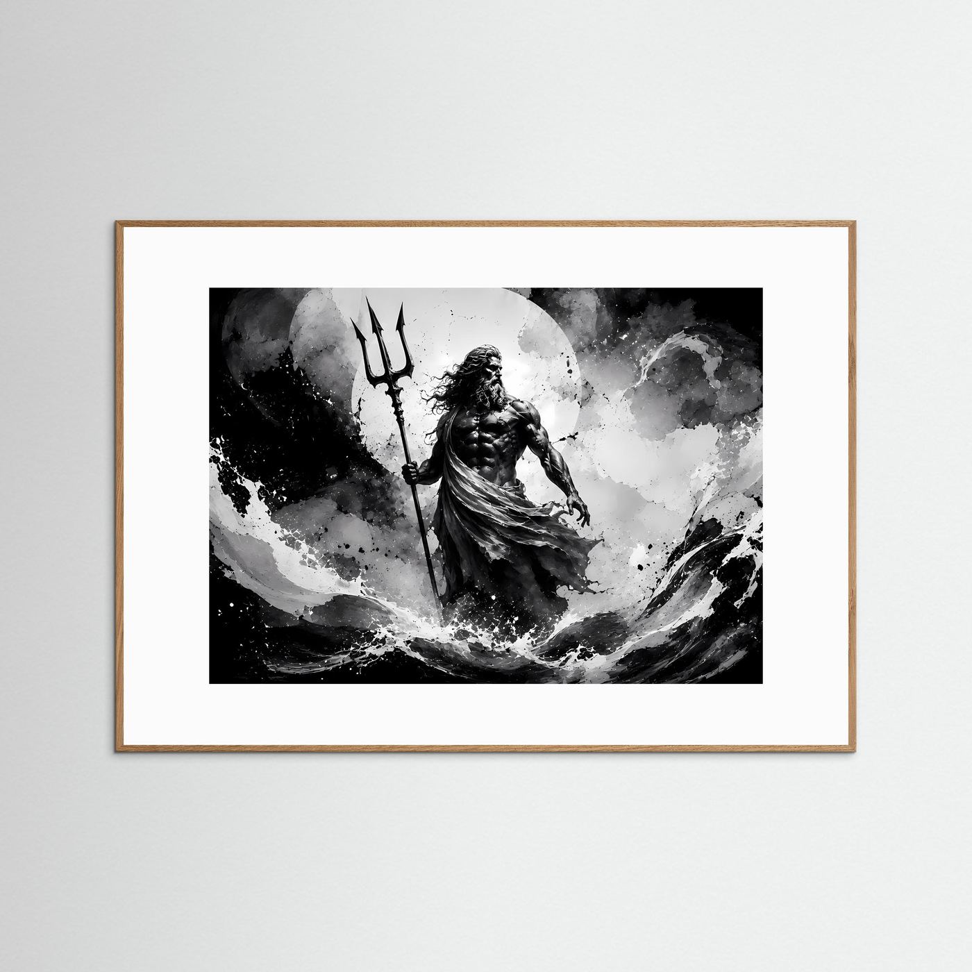 Poseidon Schwarz Weiß Wandbild | Griechische Mythologie Poster | Gott des Meeres mit Dreizack | Monochrome Fantasy Kunst | Moderne Leinwand