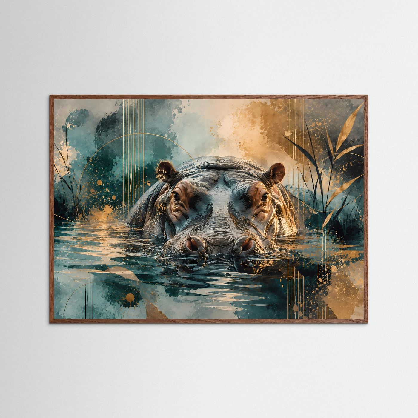 Majestätisches Nilpferd im Wasser | Abstrakte Tierkunst in Petrol, Gold, Beige & Schwarz | Modernes Hippo Wandbild im Querformat mit luxuriösen Goldakzenten