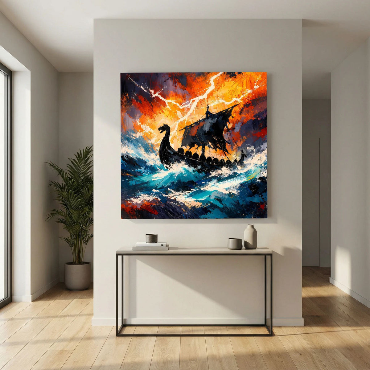 Keilrahmen-Leinwand-Wandbild: schwarzes Langschiff im Sturm, orange Gewitter und blaues Wasser