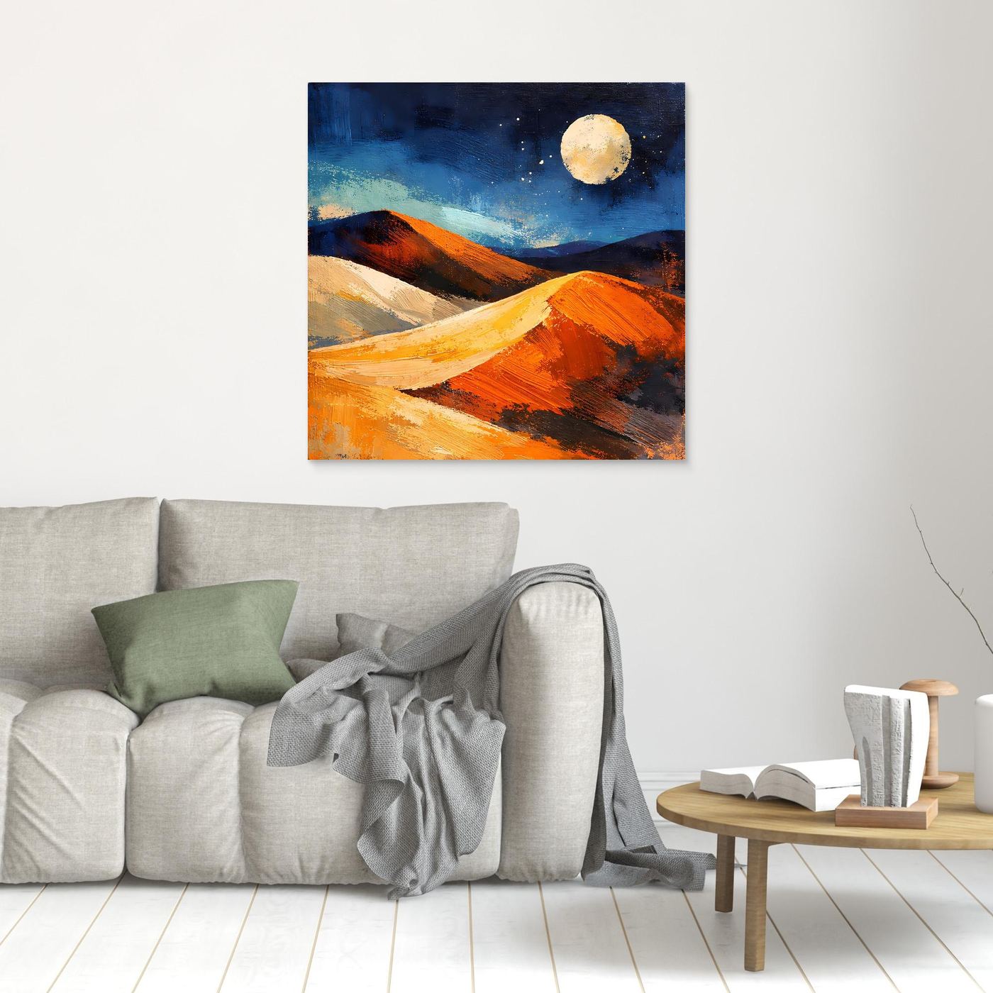 Abstract moonlit desert canvas wall art with orange dunes and pale yellow moon, unframed.