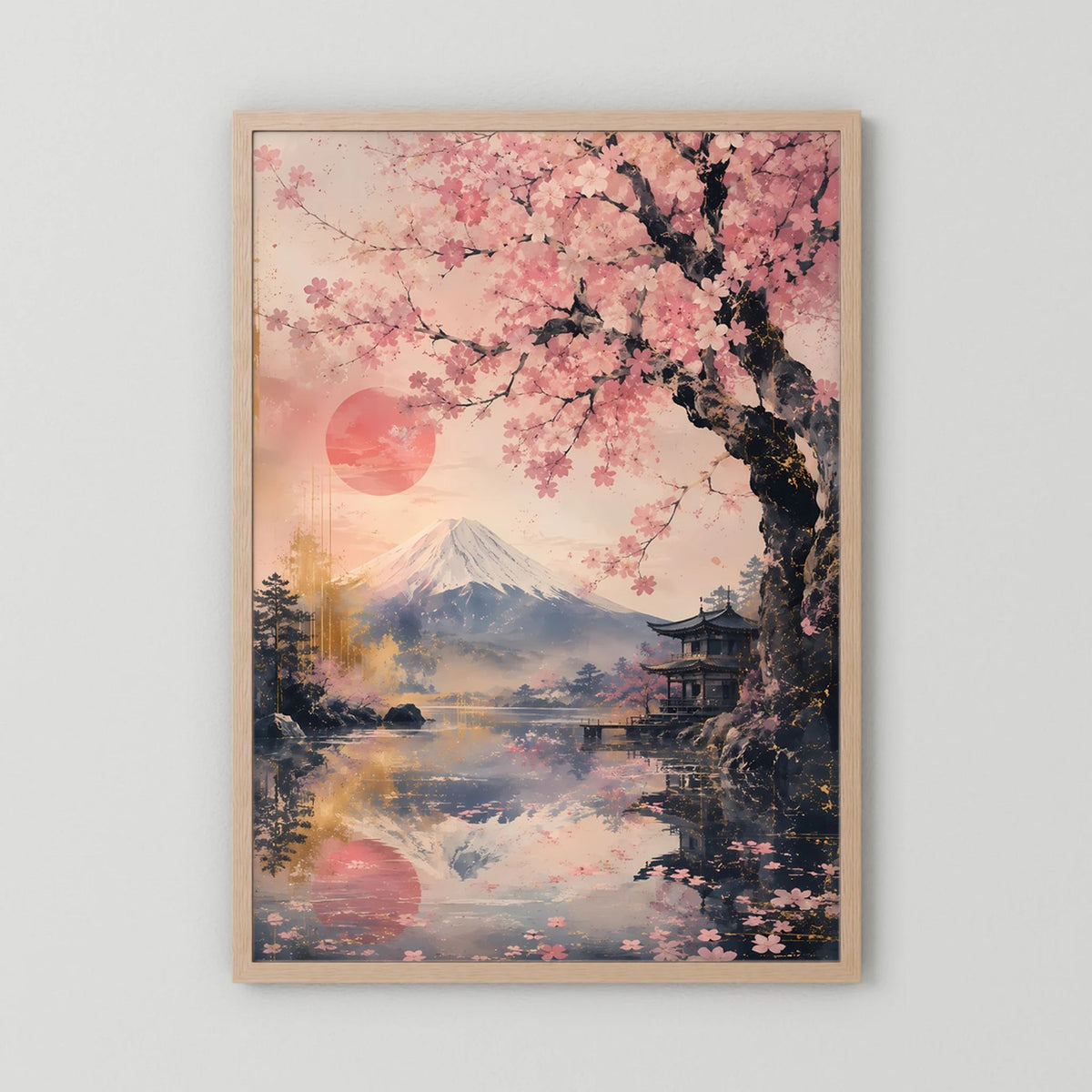 Hochformat-Poster im hellen Holzrahmen: Sakura, Fuji und Pagode über See in Rosa