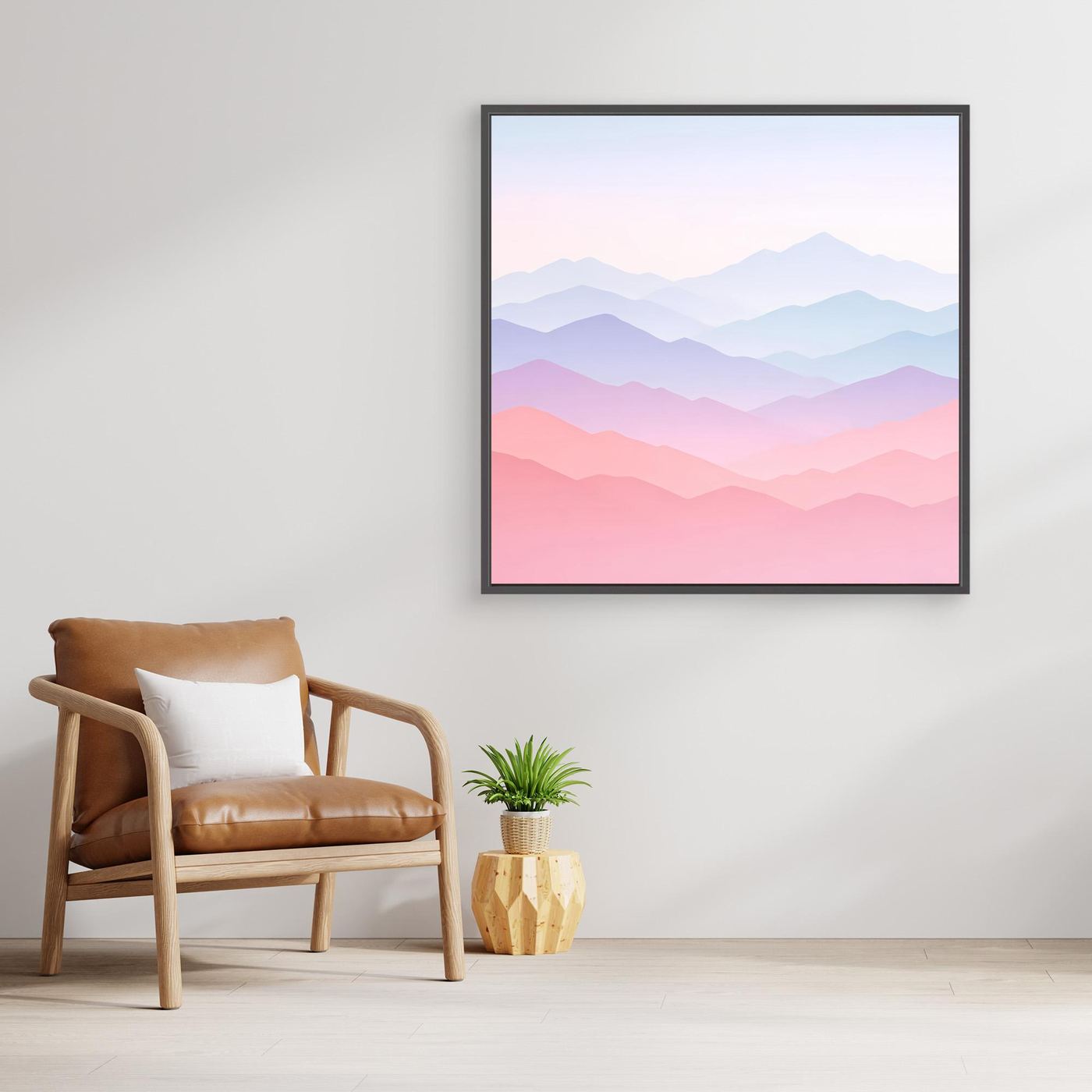 Leinwandbild mit pastellfarbenem Bergpanorama im schwarzen Rahmen