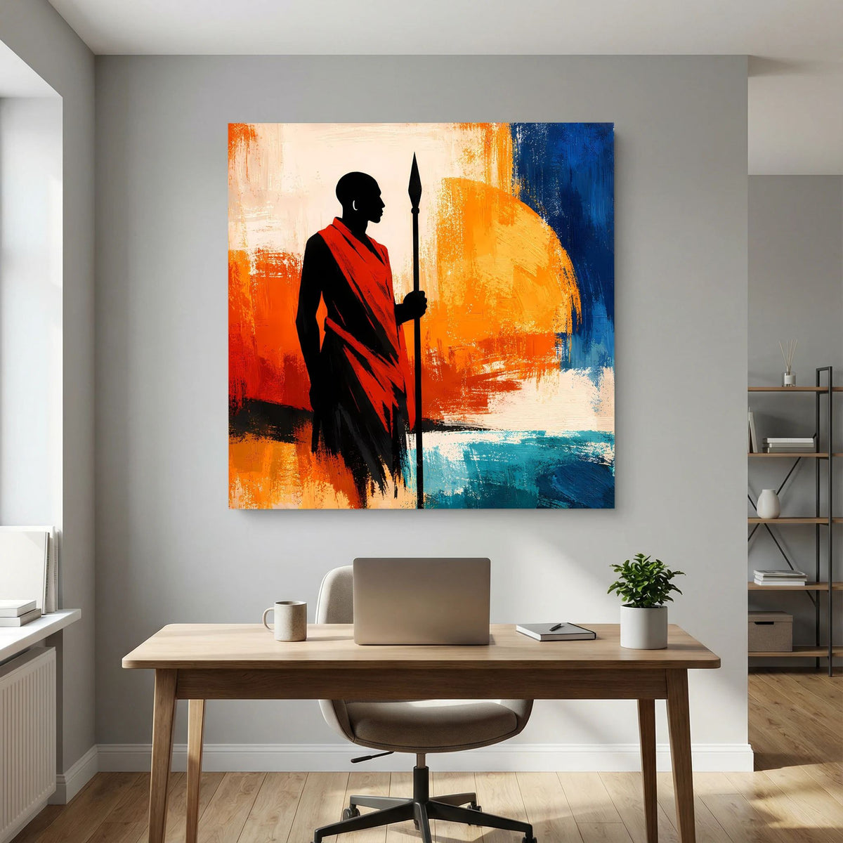 Quadratisches Wandbild: schwarze Krieger-Silhouette mit rotem Umhang und Speer, Orange-Blau.