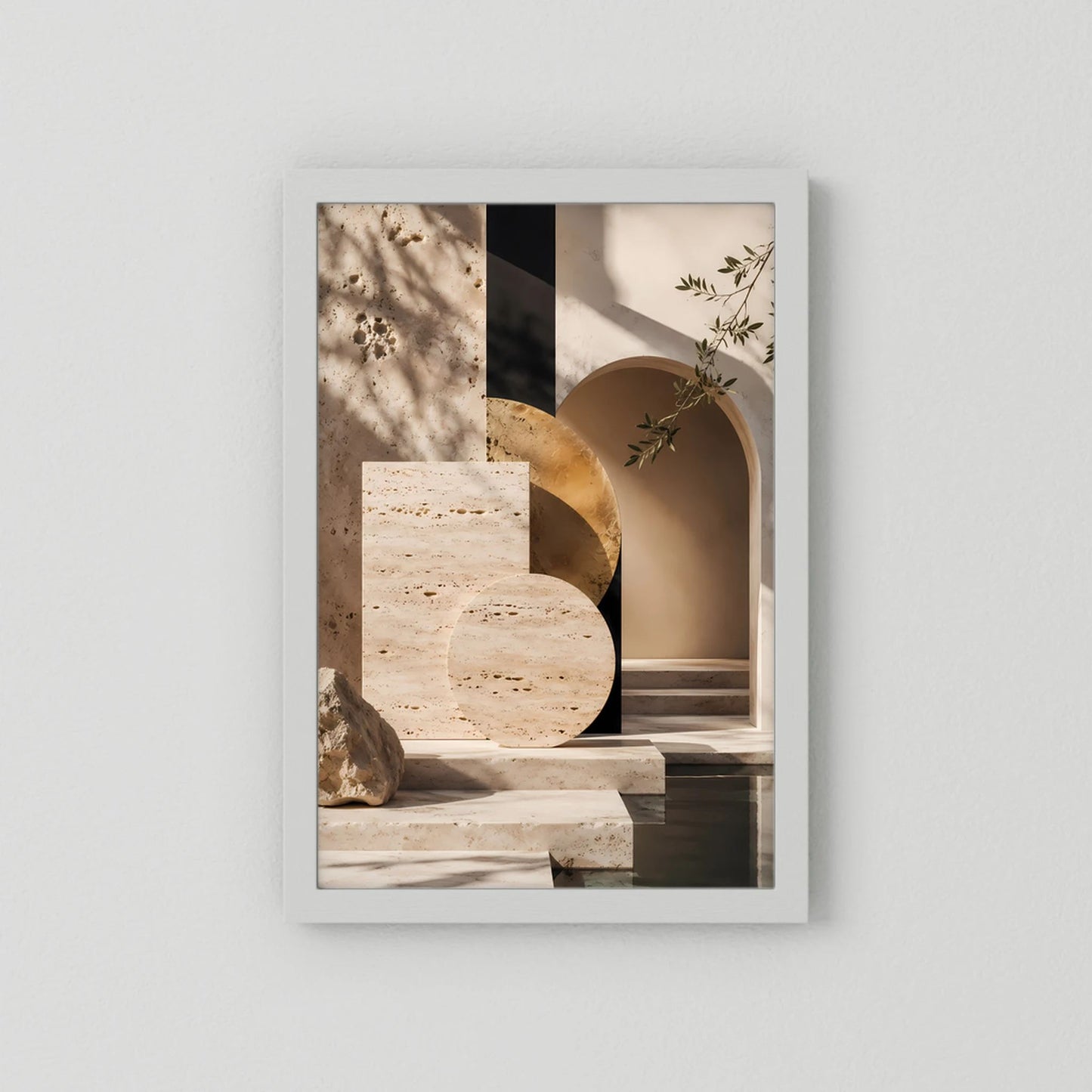Architektur-Kunstposter: beige mit goldener Halbkreisform und Pflanzen