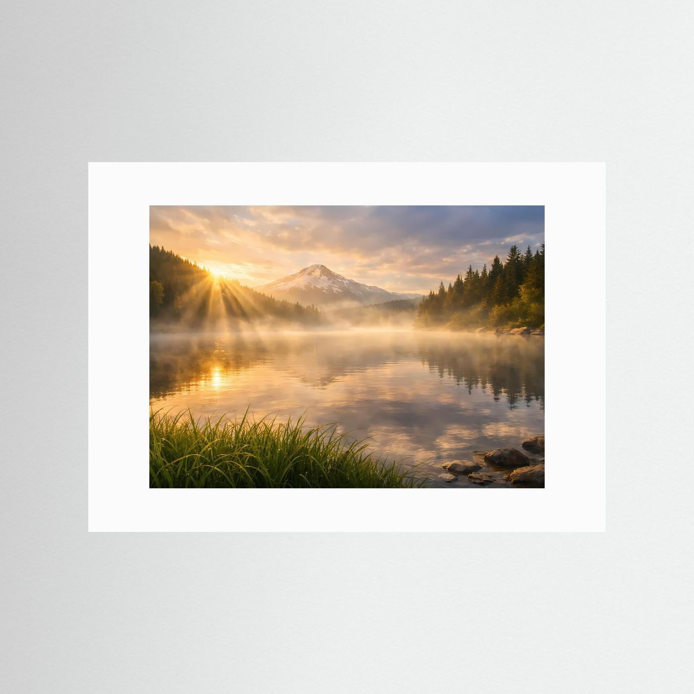Wandbild mit See-Landschaft und Bergen, Sonnenaufgang, weiß gerahmt
