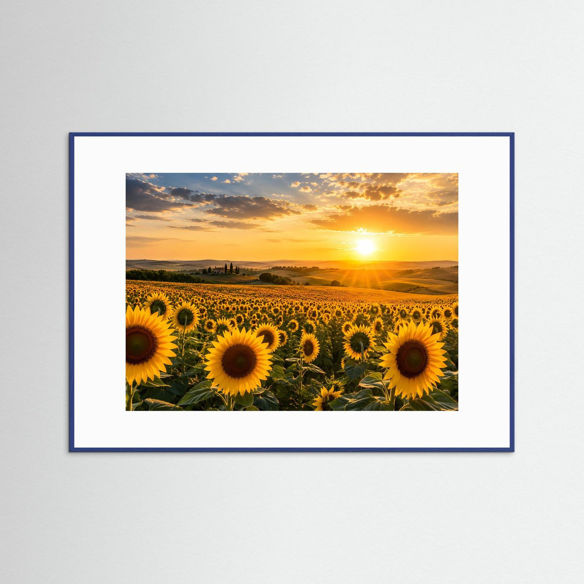 Sonnenblumen-Poster Querformat: Sonnenuntergang im Sonnenblumenfeld, blauer Rahmen