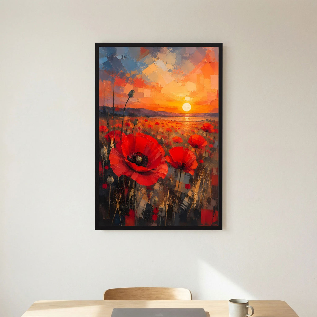 Hochformat-Poster mit roten Mohnblumen, gelbe Sonne über Abendhimmel, schwarzer Rahmen