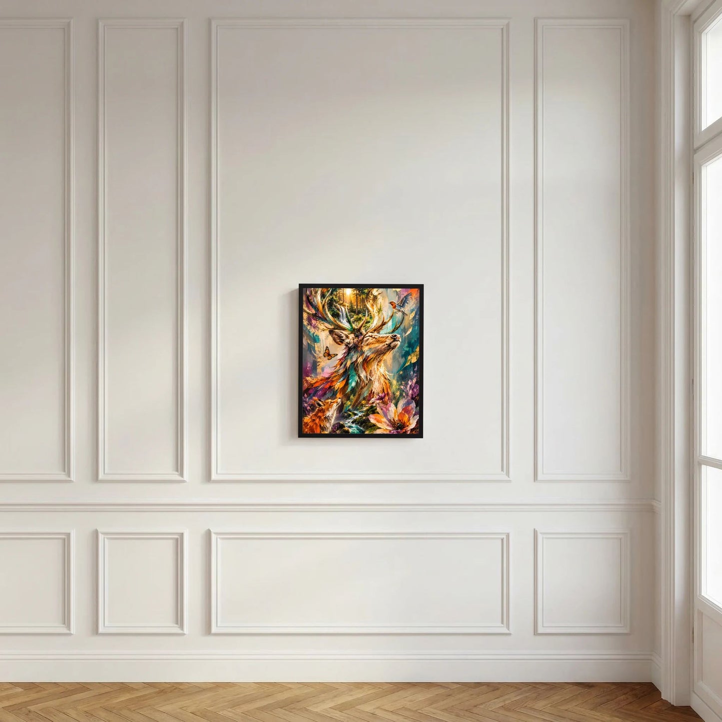 Hochformat-Poster im schwarzen Rahmen mit Hirschkopf und farbiger Waldszene
