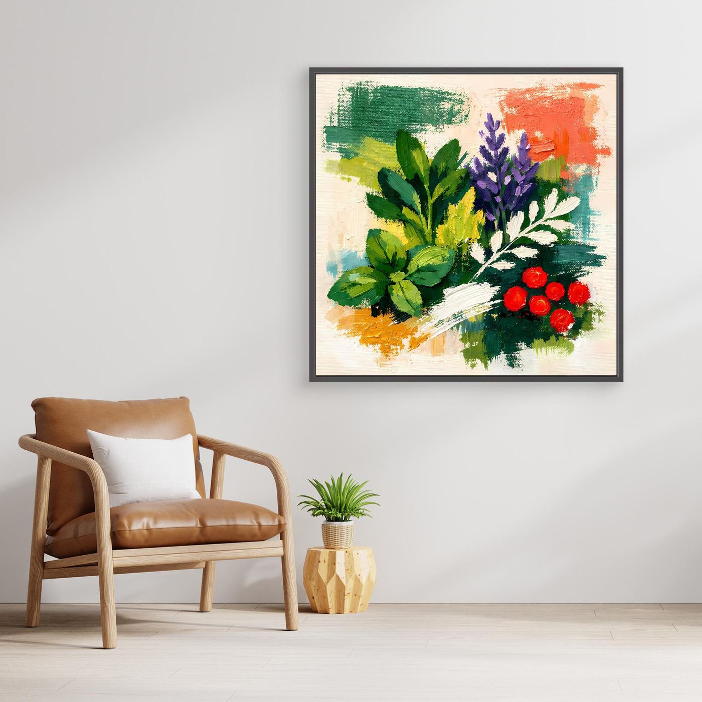 Abstract herb bouquet wall art, black frame, green herbs with purple and red berries