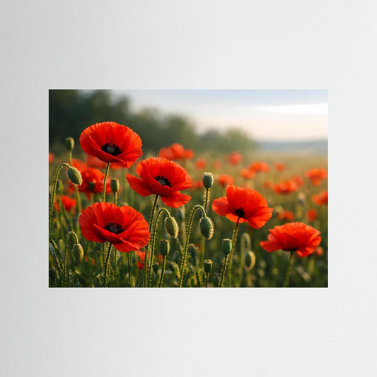 Panorama-Wandposter mit roten Klatschmohnblüten im Feld, Vordetail im Querformat