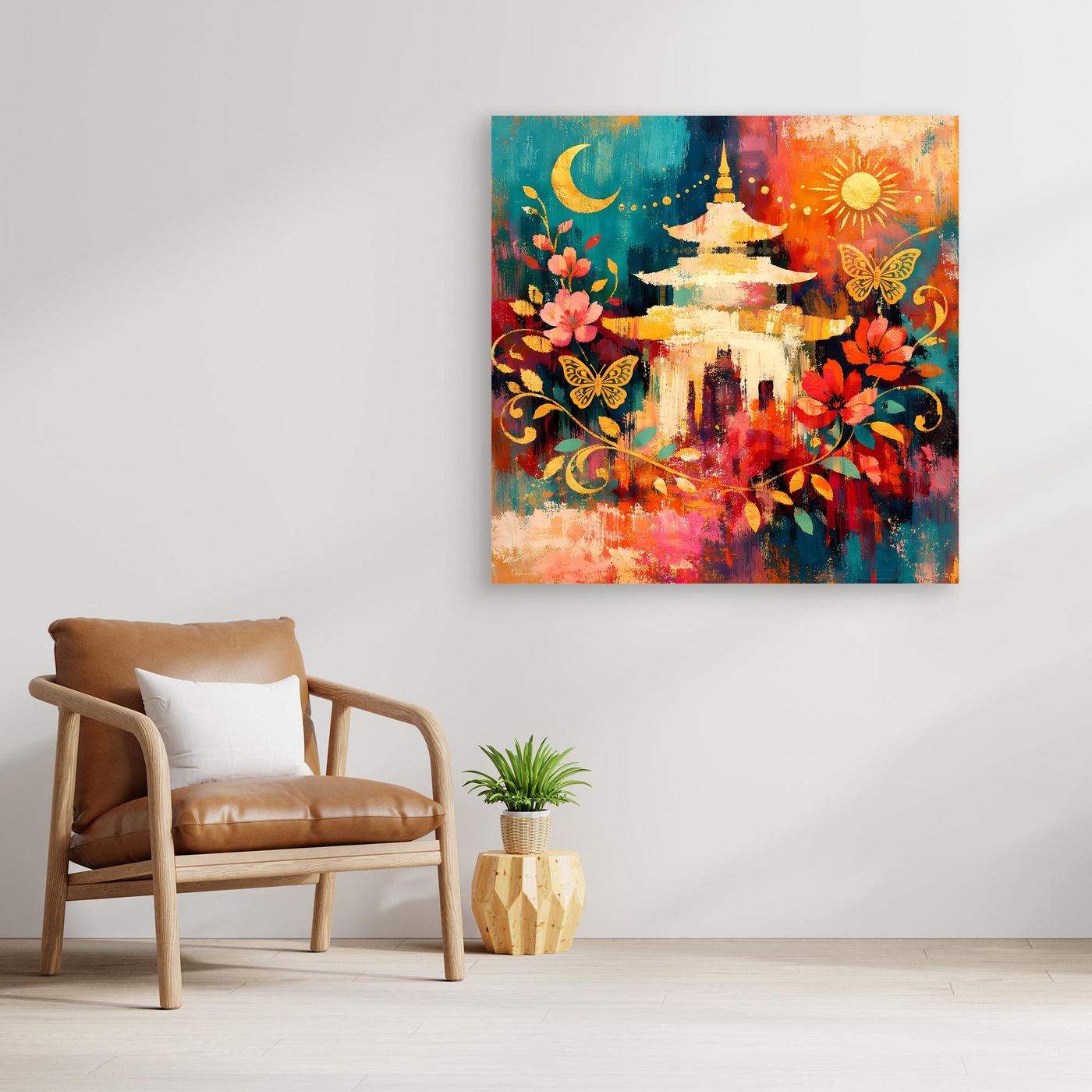 Gerahmtes Leinwandbild mit goldener Pagode, Blumen und Schmetterlingen in Türkis und Rot