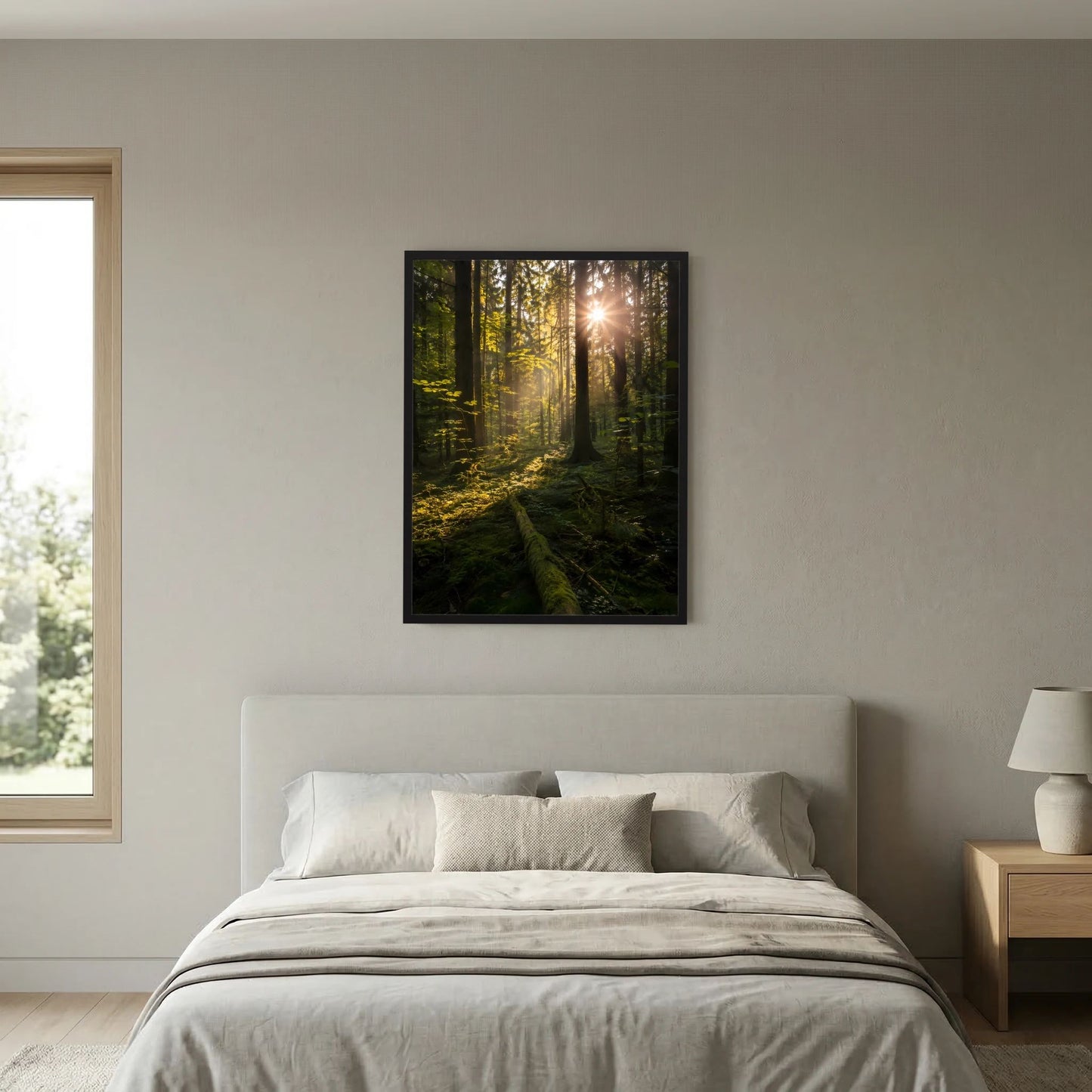 Hochformat-Poster mit Waldmotiv und Sonnenstrahlen über der Kopfseite, schwarzer Rahmen