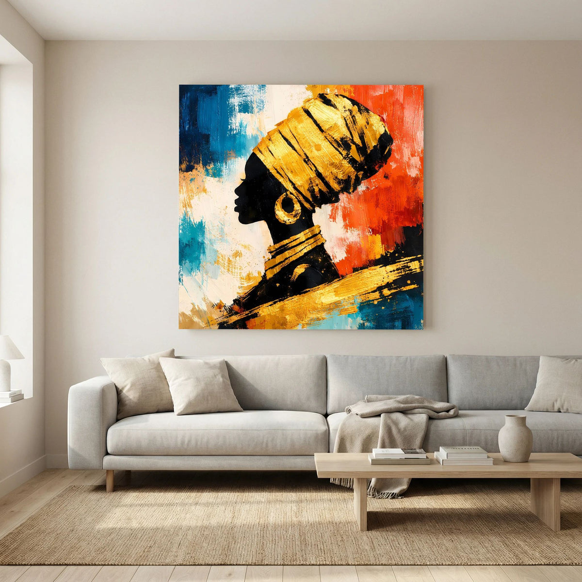 Leinwand-Wandbild über Sofa: abstraktes Kopfprofil mit Pinselstrichen in Blau, Rot und Gold