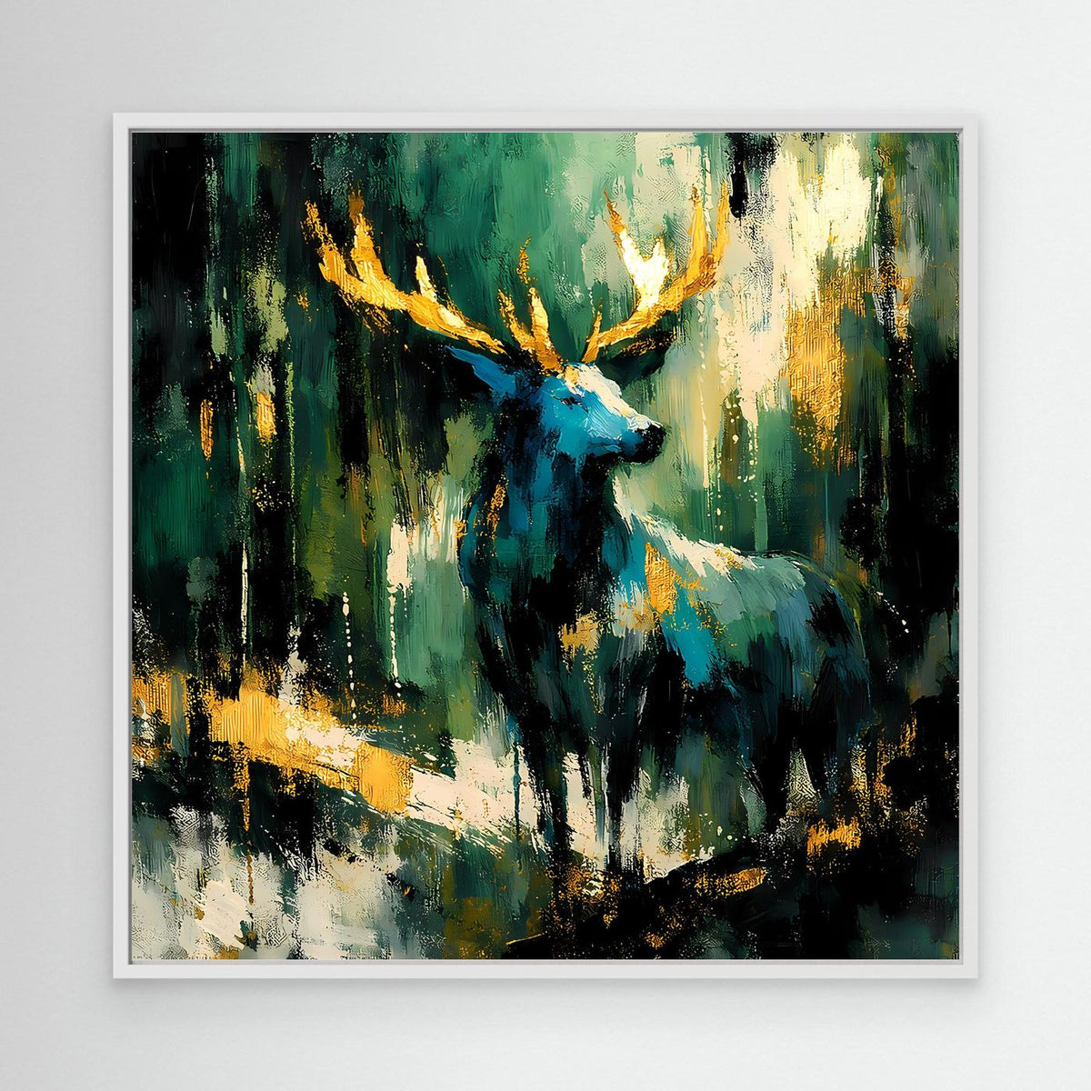 Leinwand-Wandbild mit weißem Rahmen und abstraktem Hirsch in Grün, Blau, Gold