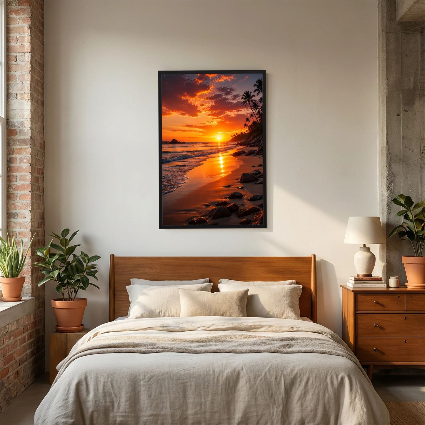 Hochformatiges Poster mit Strand und Palmen bei Sonnenuntergang, schwarzer Rahmen
