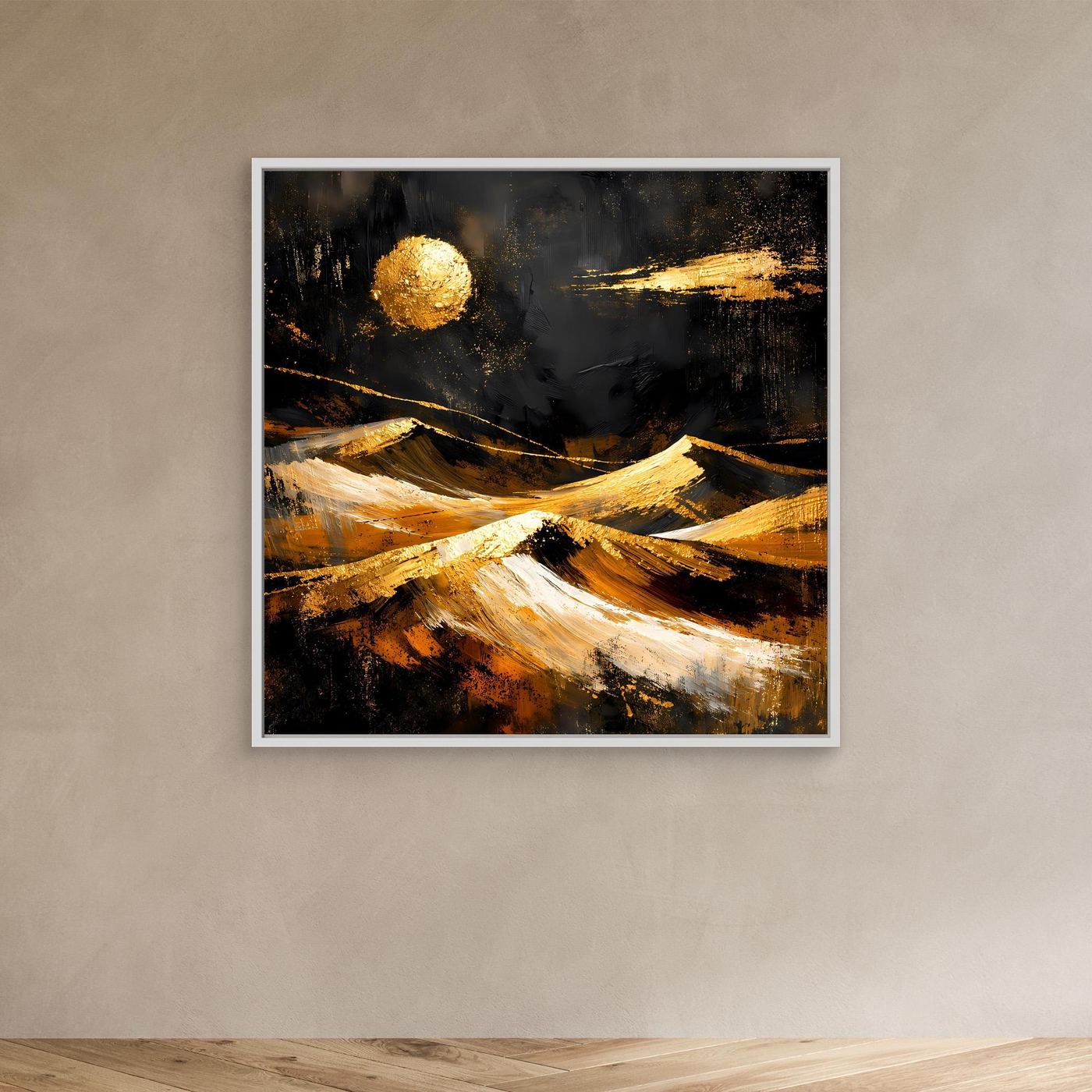 Leinwand Goldene Wüstenlandschaft bei Nacht | Abstraktes Dünen Wandbild Modern