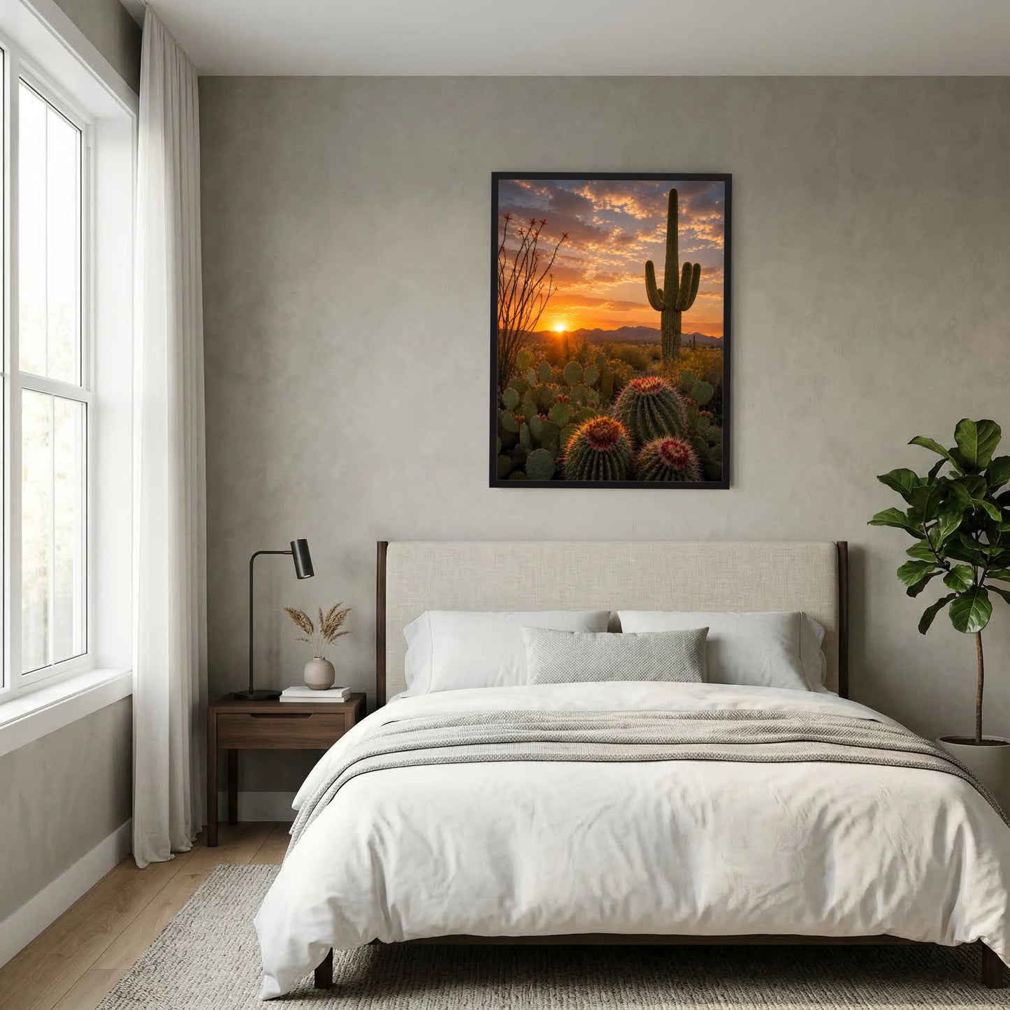 Gerahmtes Poster mit Wüstenkakteen und Sonnenuntergang über der Wüste