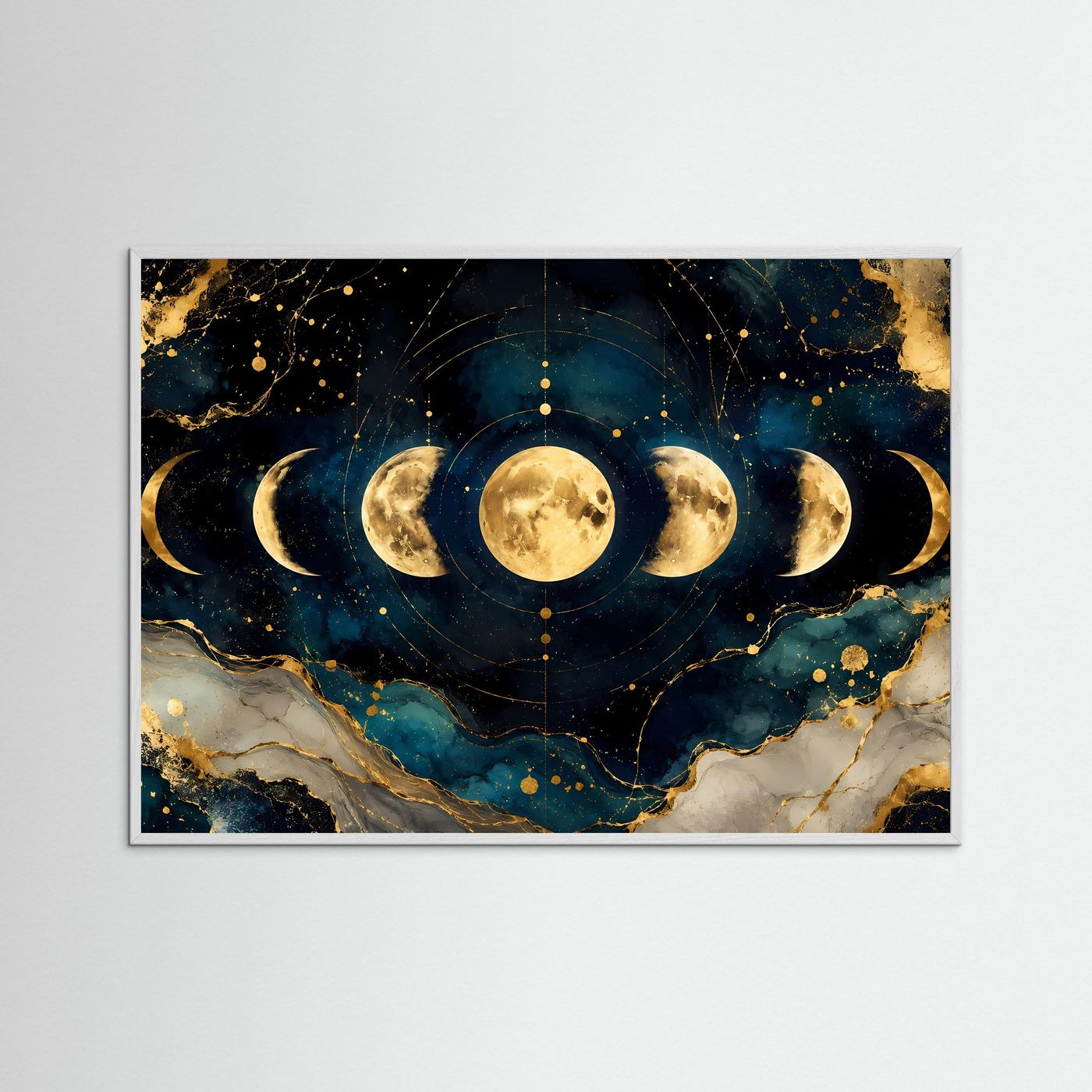 Mondphasen im Kosmos mit Gold | Spirituelles Universum & Astrologie Poster im Querformat