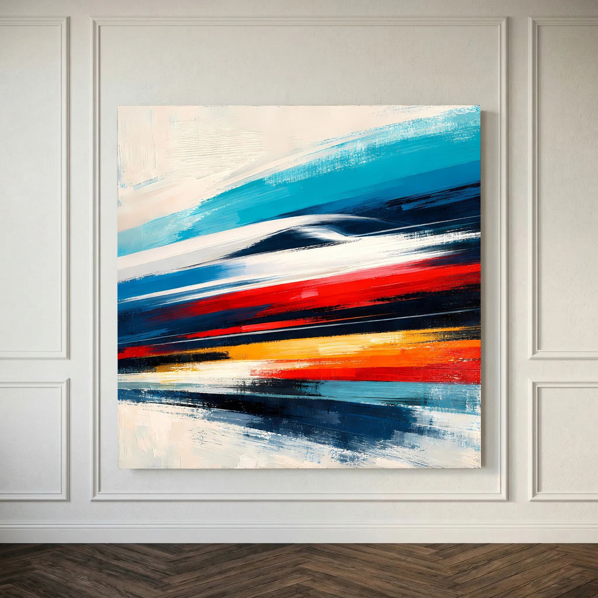 Abstraktes Leinwandbild: kräftige Streifen in Blau, Rot und Gelborange mit Pinseloptik