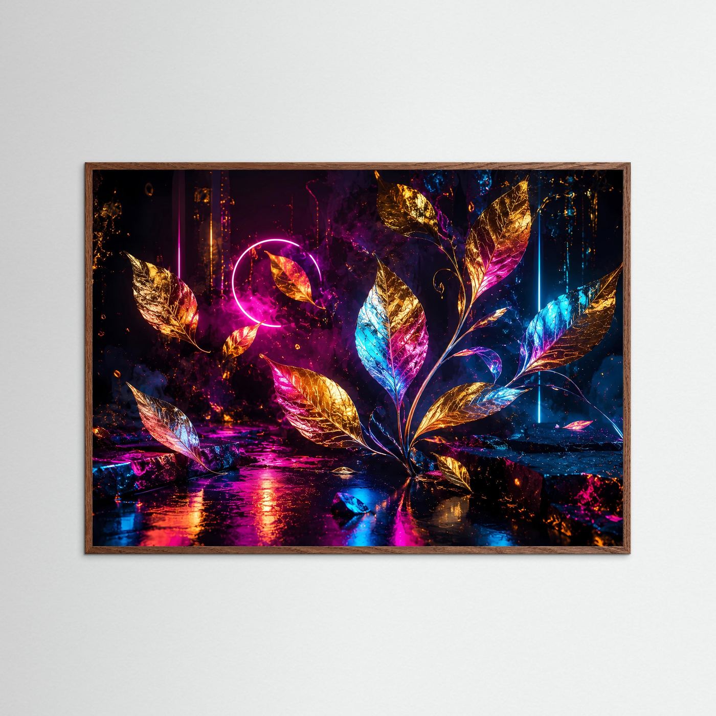 Abstrakte Goldene Blätter in Neonfarben | Modernes Botanik Poster Querformat