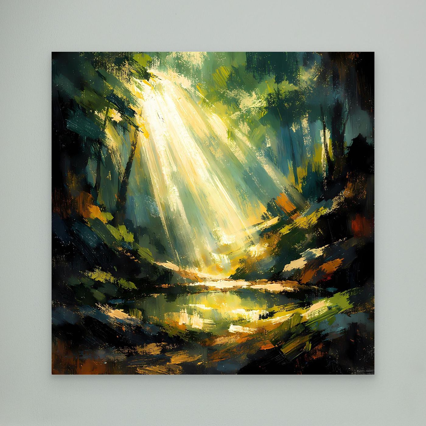 Leinwandbild: goldene Lichtstrahlen im Wald über Teich, ohne Rahmen sichtbar