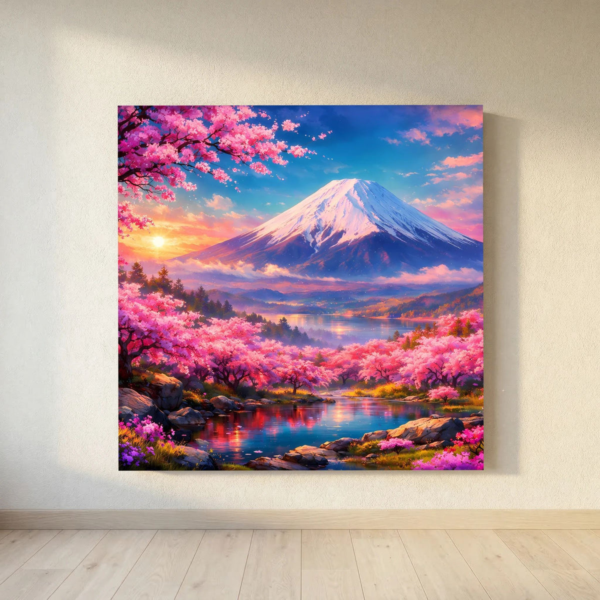 Quadratisches Leinwandbild auf Holzkeilrahmen mit Fuji und üppigen Kirschblüten im Sonnenaufgang