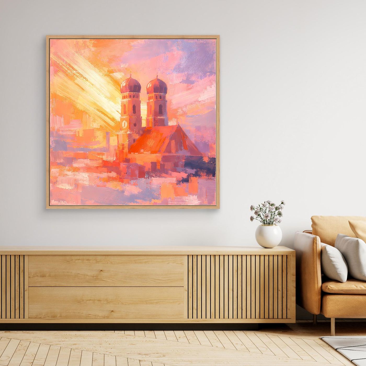 Premium Leinwand Frauenkirche München im Sonnenaufgang | Abstraktes Skyline Wandbild Bayern