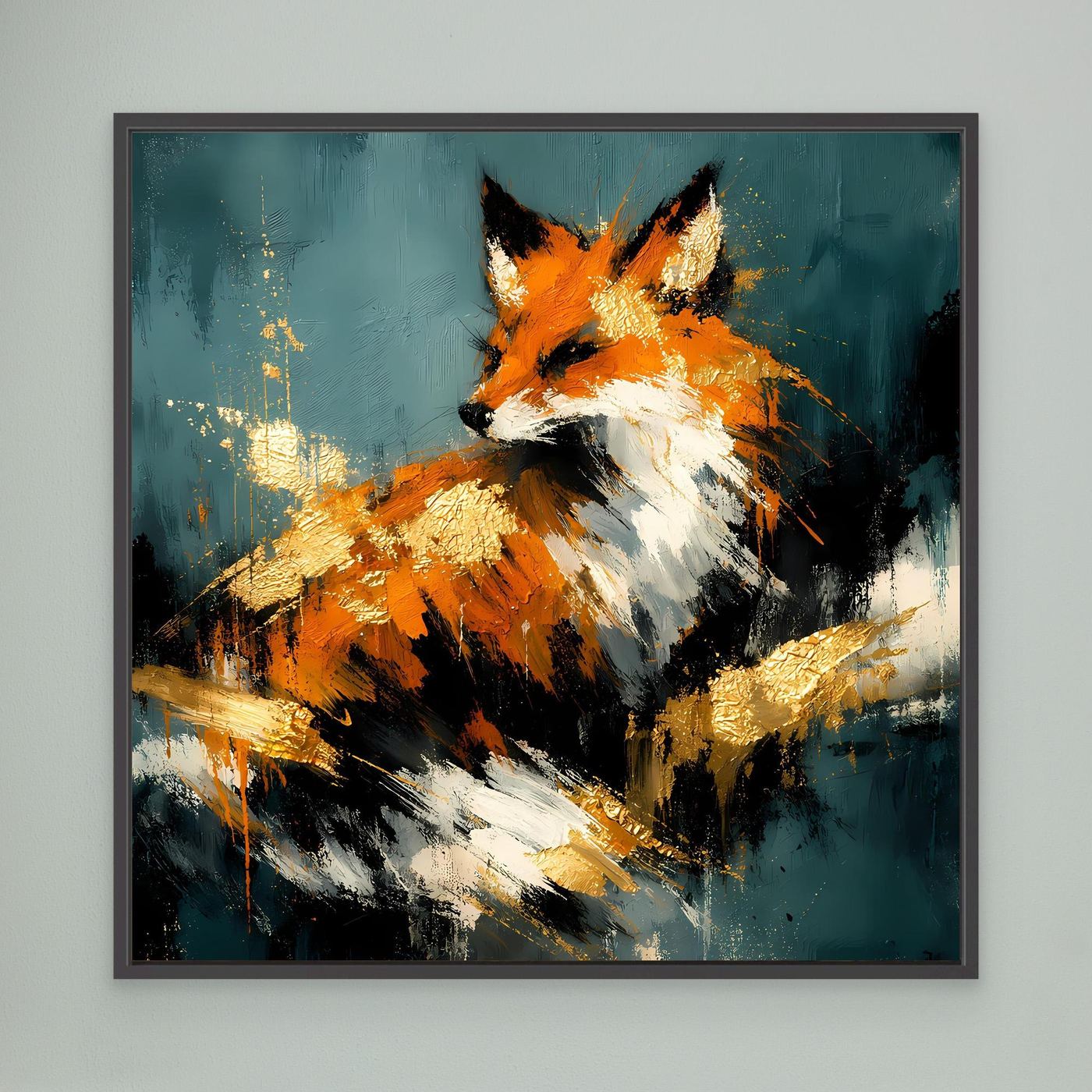 Leinwandbild mit abstraktem Fuchs in Orange, Weiß und Gold, türkis, dunkelgrauer Rahmen