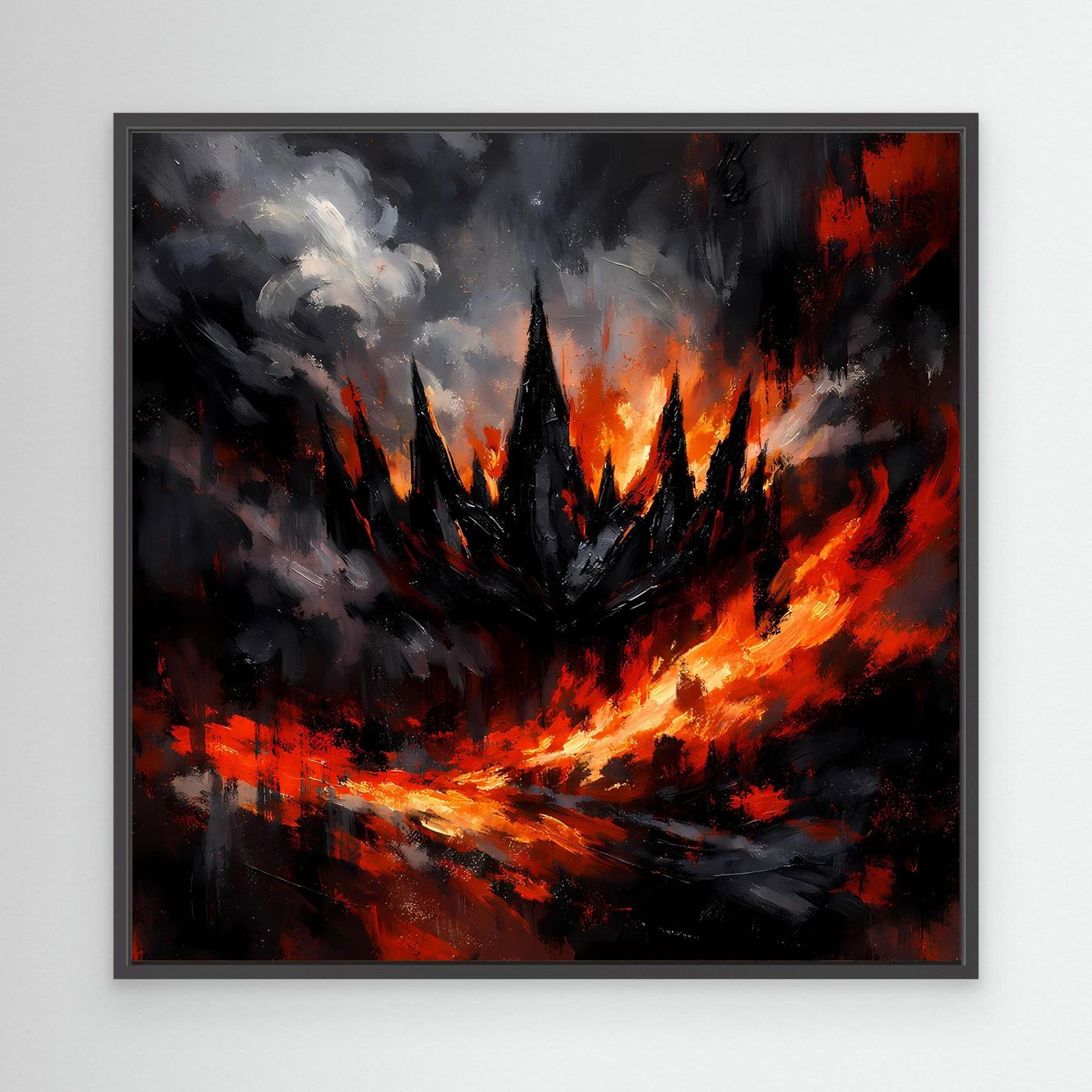 Abstraktes Fantasy-Wandbild mit schwarzem Rahmen: schwarze Rauchlandschaft, rote Flammen