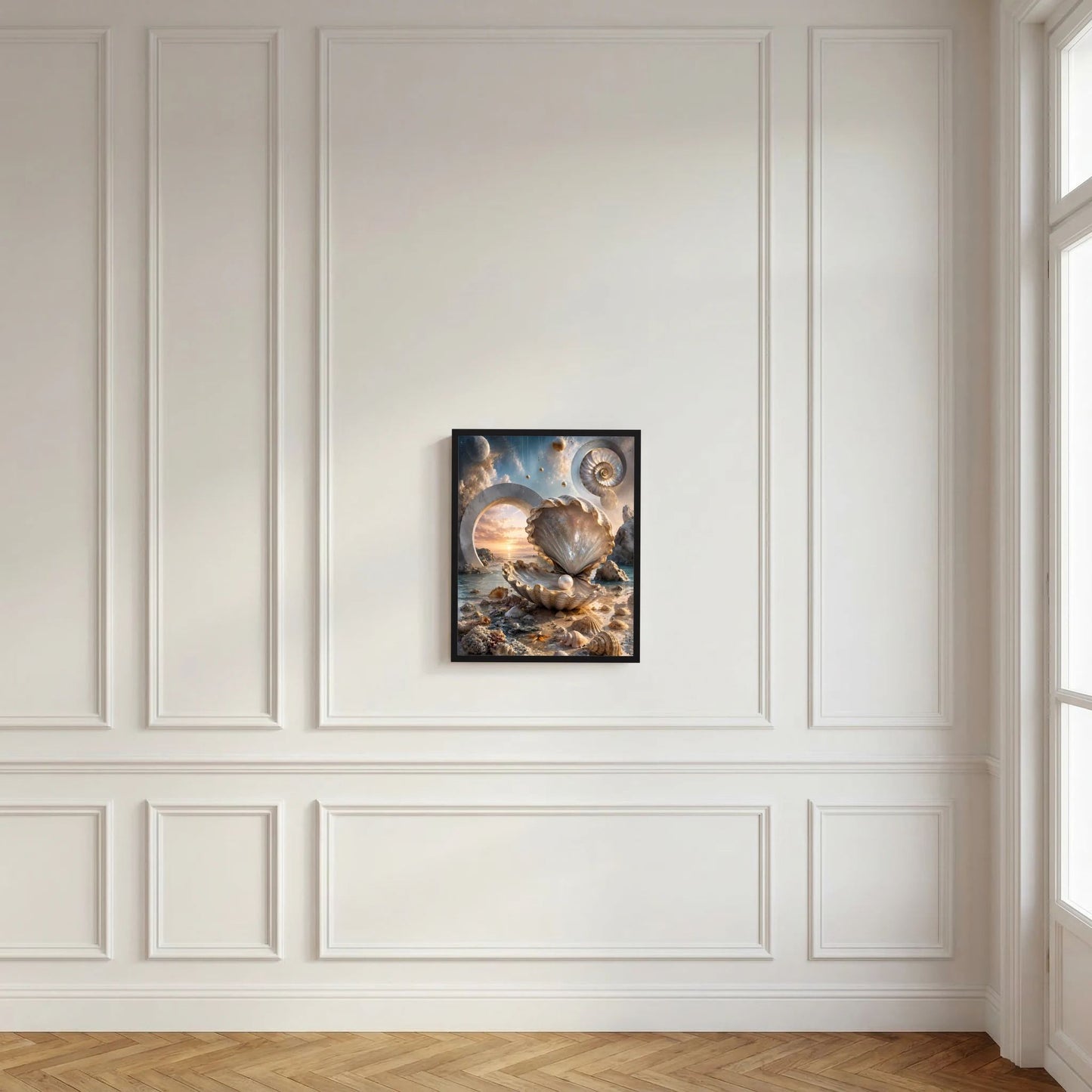 Wandposter im Hochformat mit Muschel und Perle, Creme-Gold-Meerblick im schwarzen Rahmen