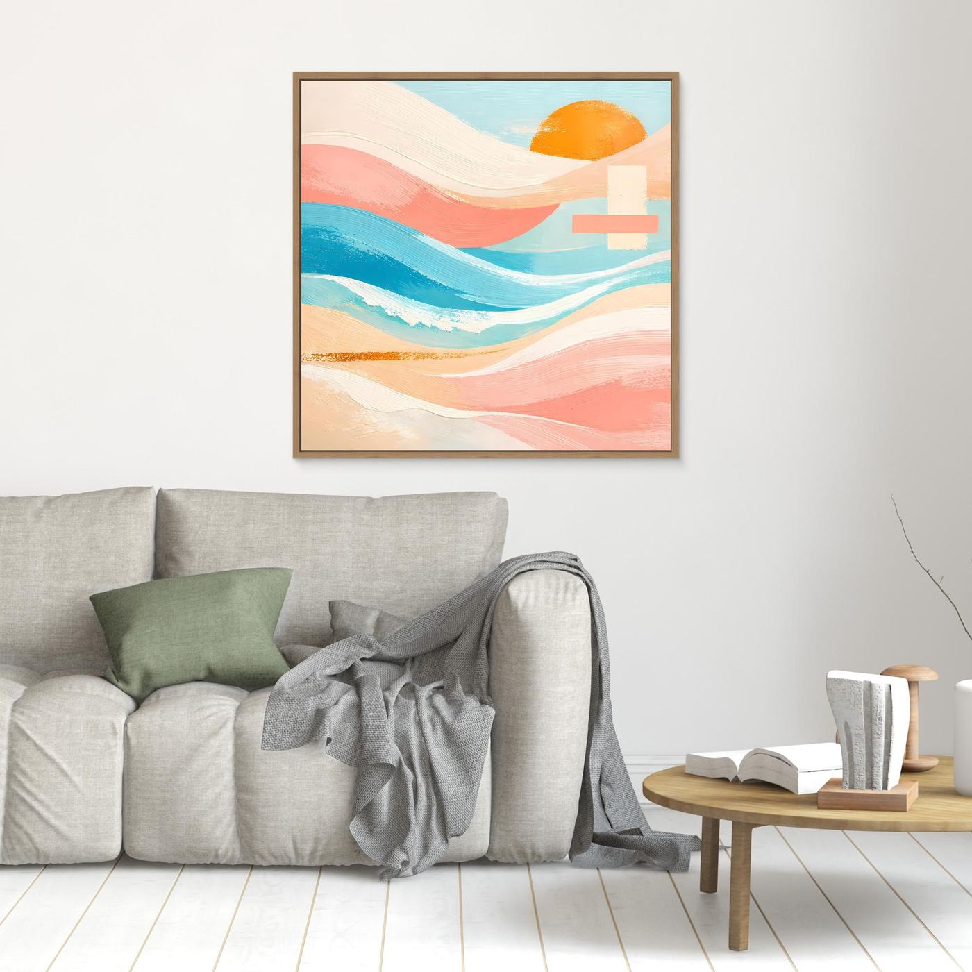 Kleines Leinwandbild mit abstrakten Meereswellen und orangefarbener Sonne in Pastellfarben, gold gerahmt