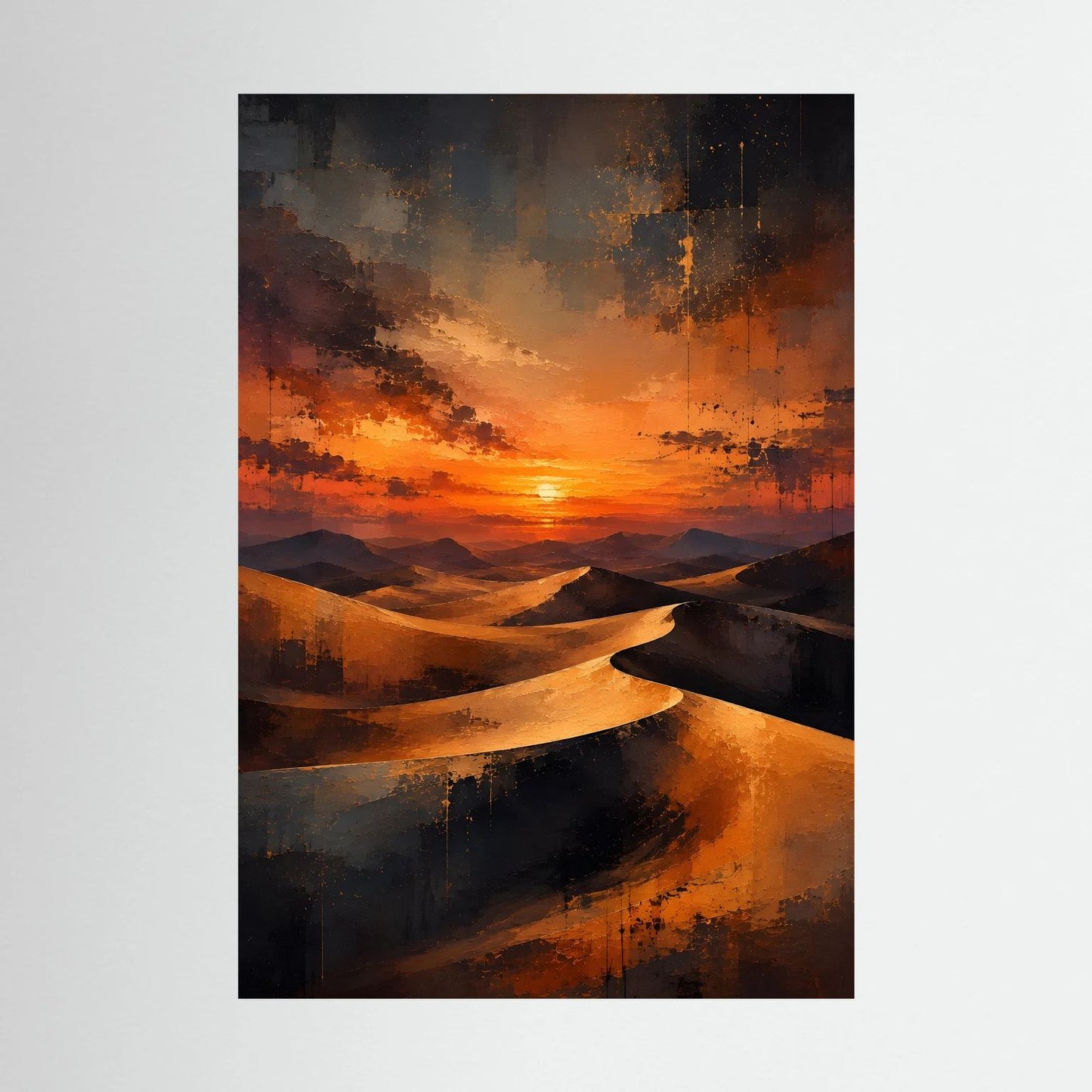 Hochformat-Poster mit abstrakten Sanddünen bei Sonnenuntergang, dunkler Rand