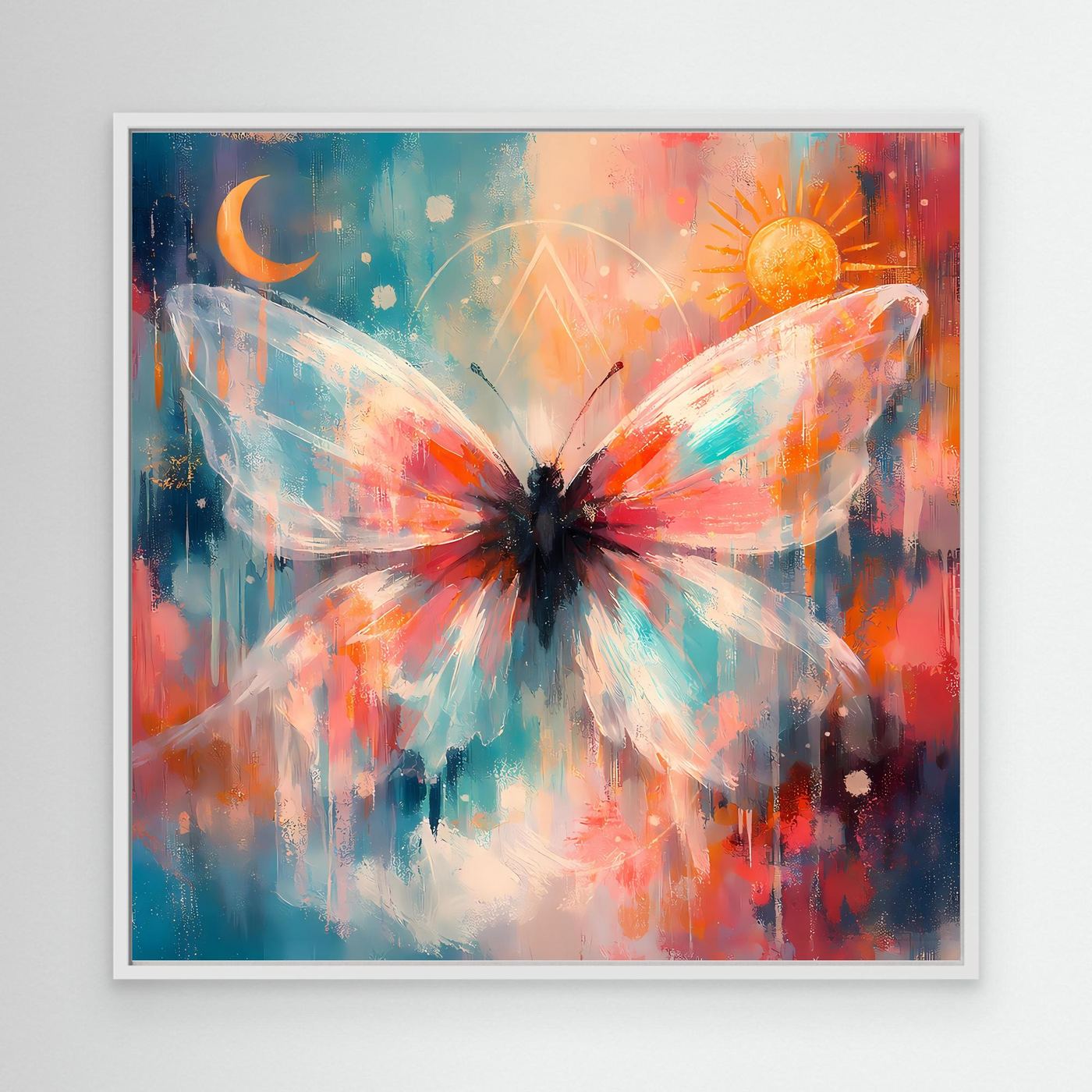 Leinwandbild mit Schmetterling, Sonne und Mond, im weißen Rahmen