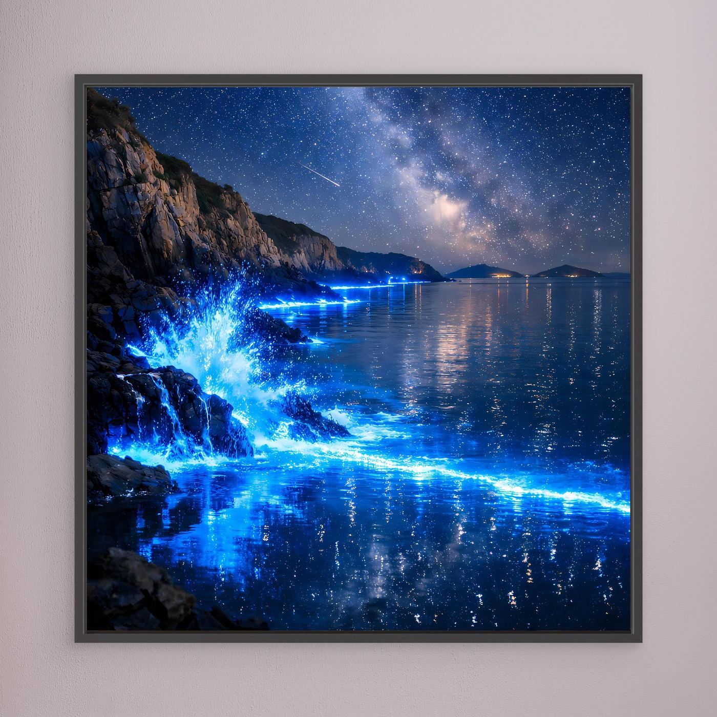 Leinwandbild mit blauem Meeresleuchten, Sternenhimmel und Wasserreflexen, schwarz gerahmt