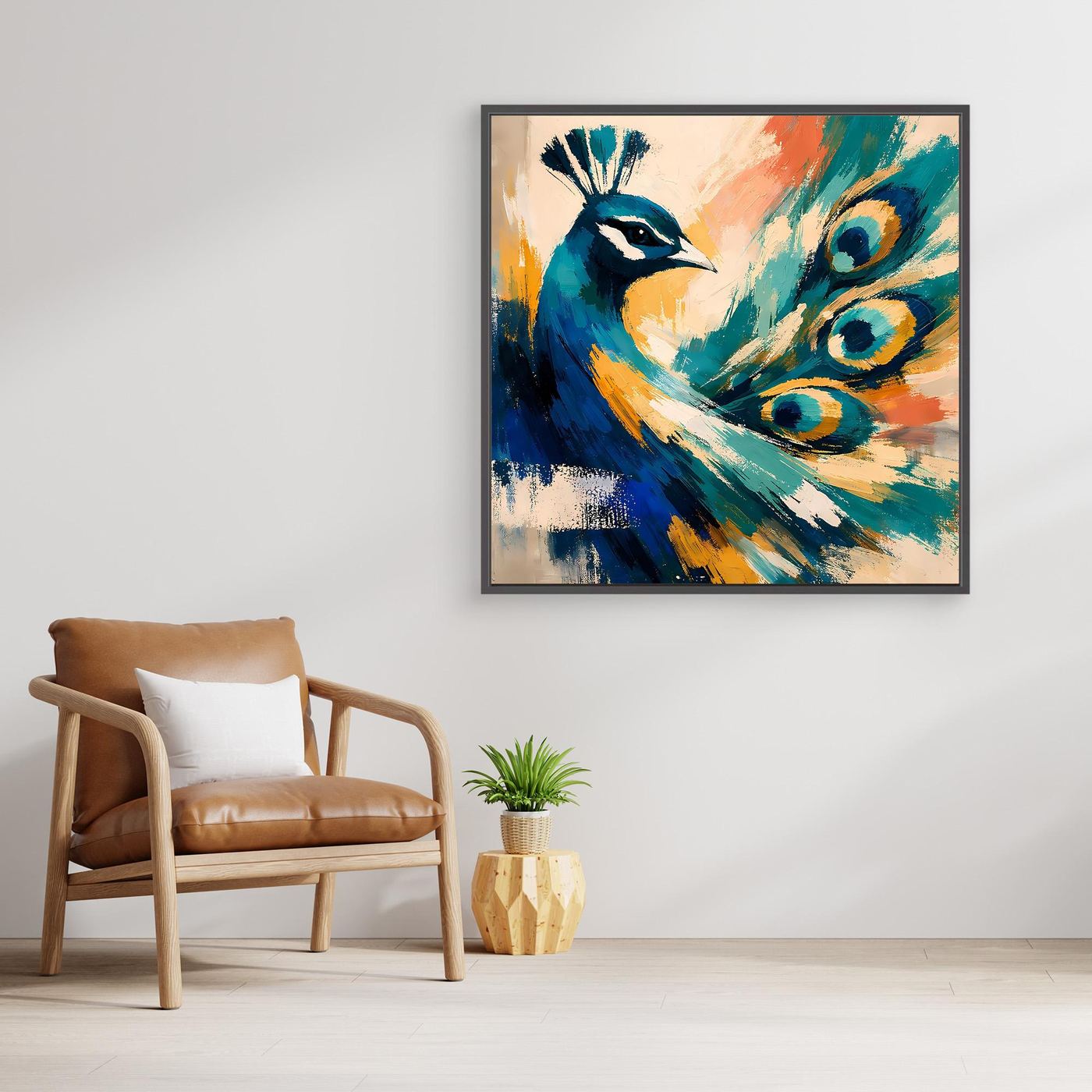 Peacock canvas wall art with teal and blue abstract feathers, black frame