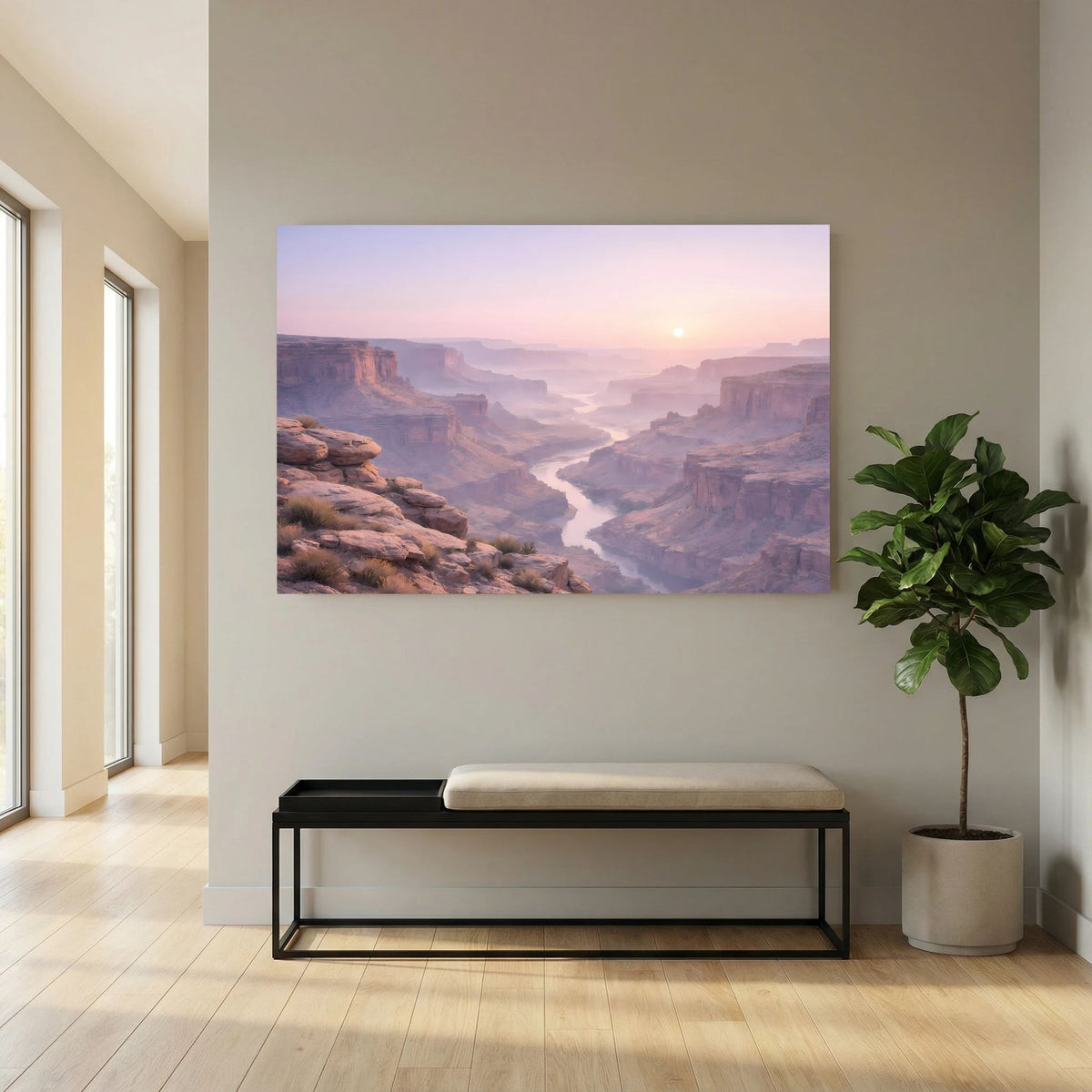 Canyon-Wandbild Querformat mit Fluss im Tal, Sonnenaufgang über Schluchten, an der Wand.