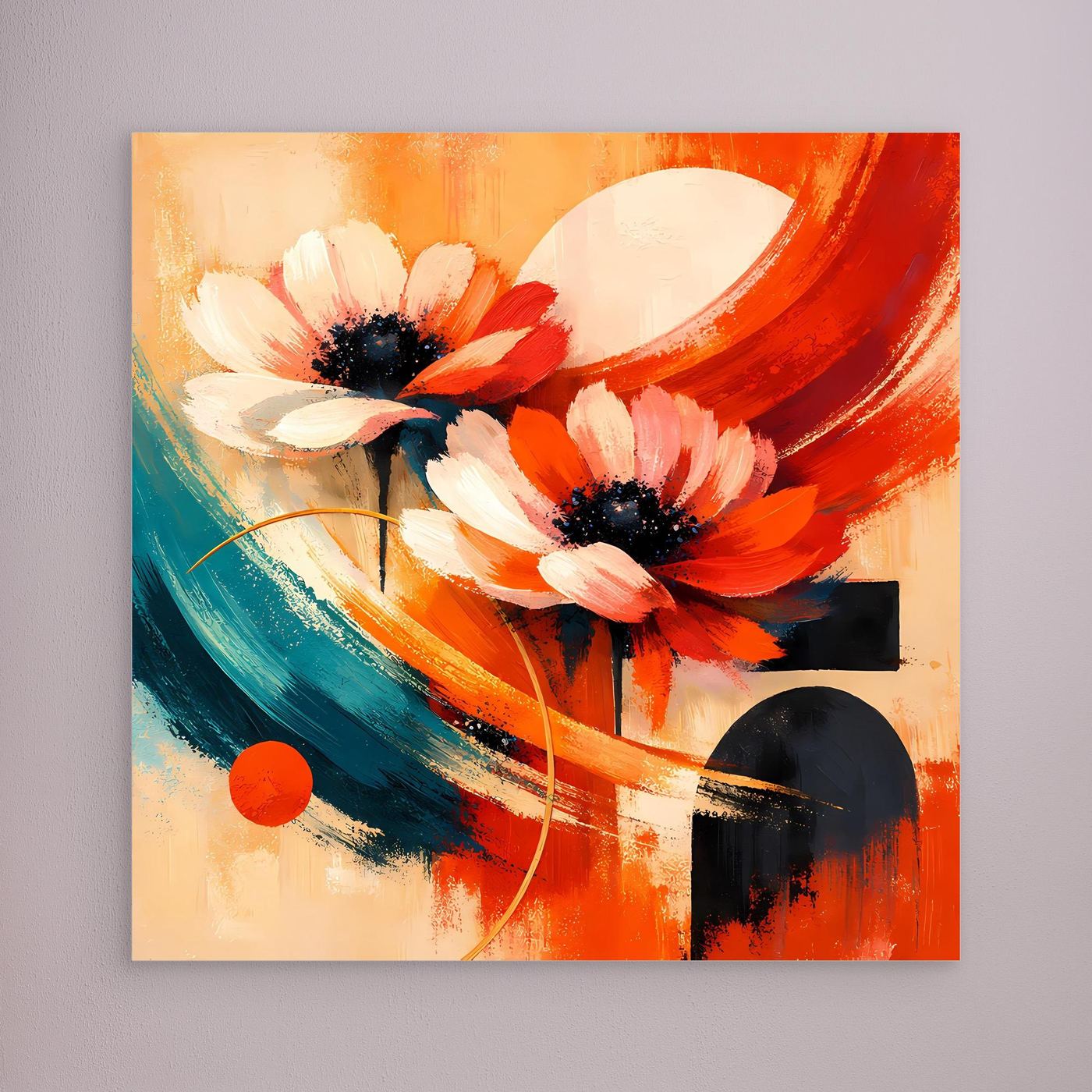 Leinwandbild mit abstrakten Anemonen: Orange, Rot, Türkis, ohne sichtbaren Rahmen