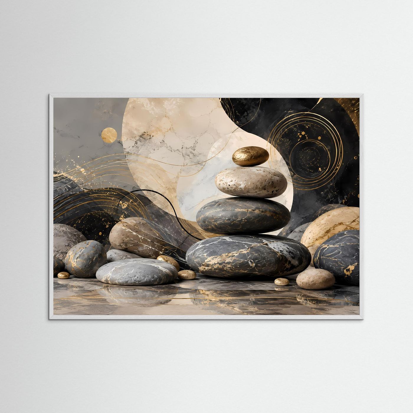 Zen Steine in Schwarz, Gold und Creme | Abstrakte Balance & Harmonie mit Marmorstruktur | Elegante moderne Wellness Kunst im Querformat