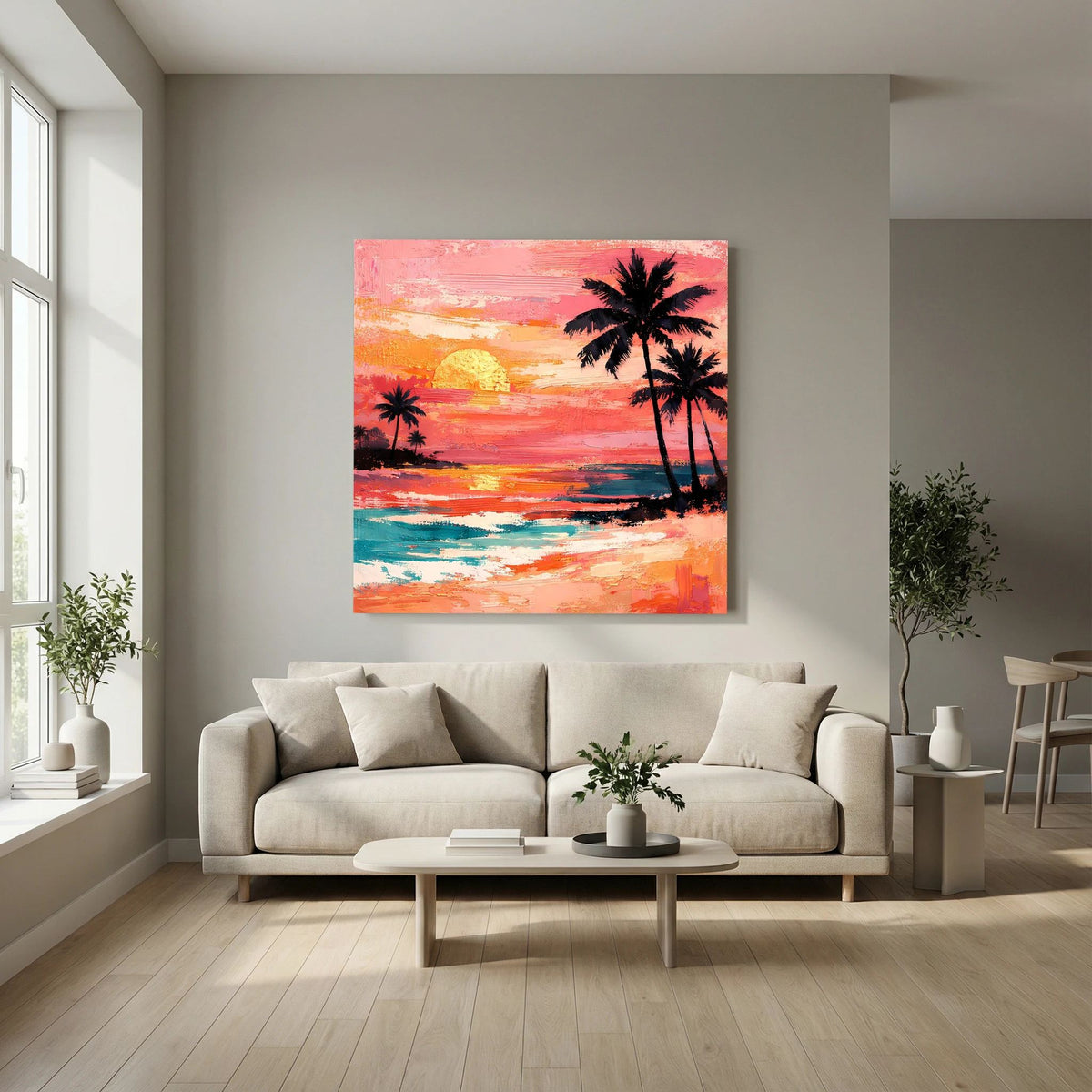 Leinwand-Wandbild mit Palmen vor Sonnenuntergangsmeer in Terrakotta, Orange und Türkis.
