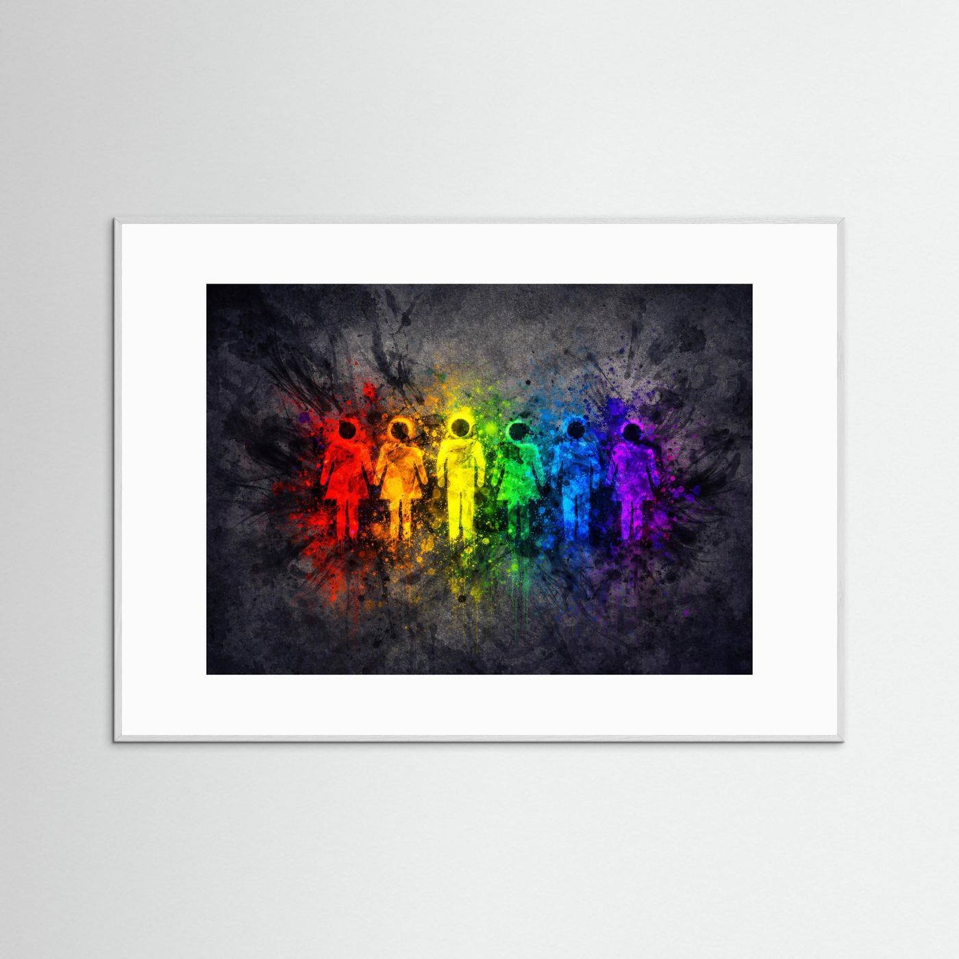 Poster mit Regenbogen-Menschen-Silhouetten, grauer Rahmen