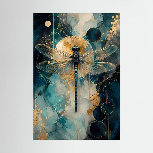 Hochformatiger Kunstdruck mit Libelle in Petrol, Blau und Gold, abstrakter Hintergrund