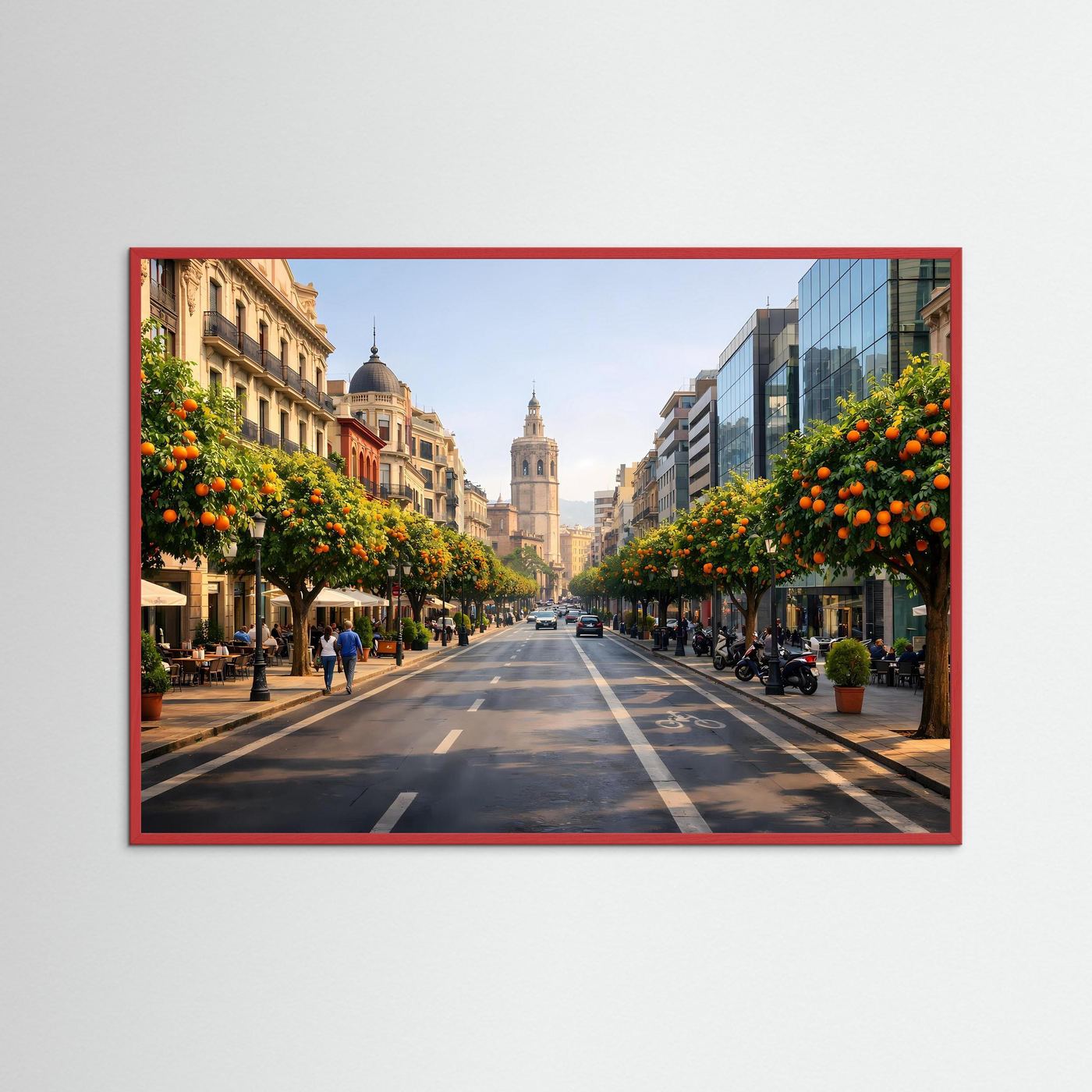 Wandbild-Poster: Stadtstraße mit Orangenbäumen und historischen Gebäuden, roter Rahmen